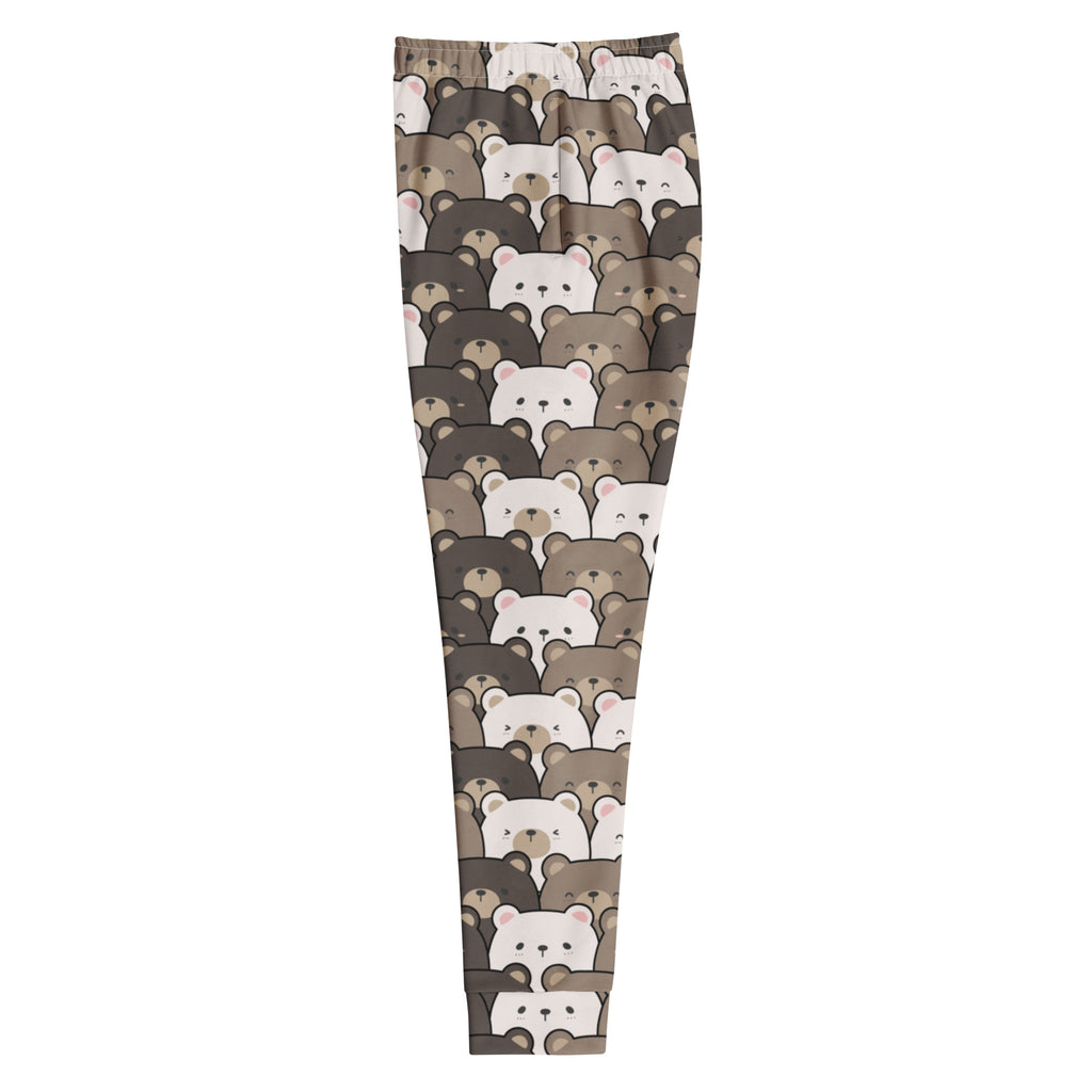 Women’s bear face recycled jogger pants in brown white with cartoon bear pattern cozy brushed fleece inside