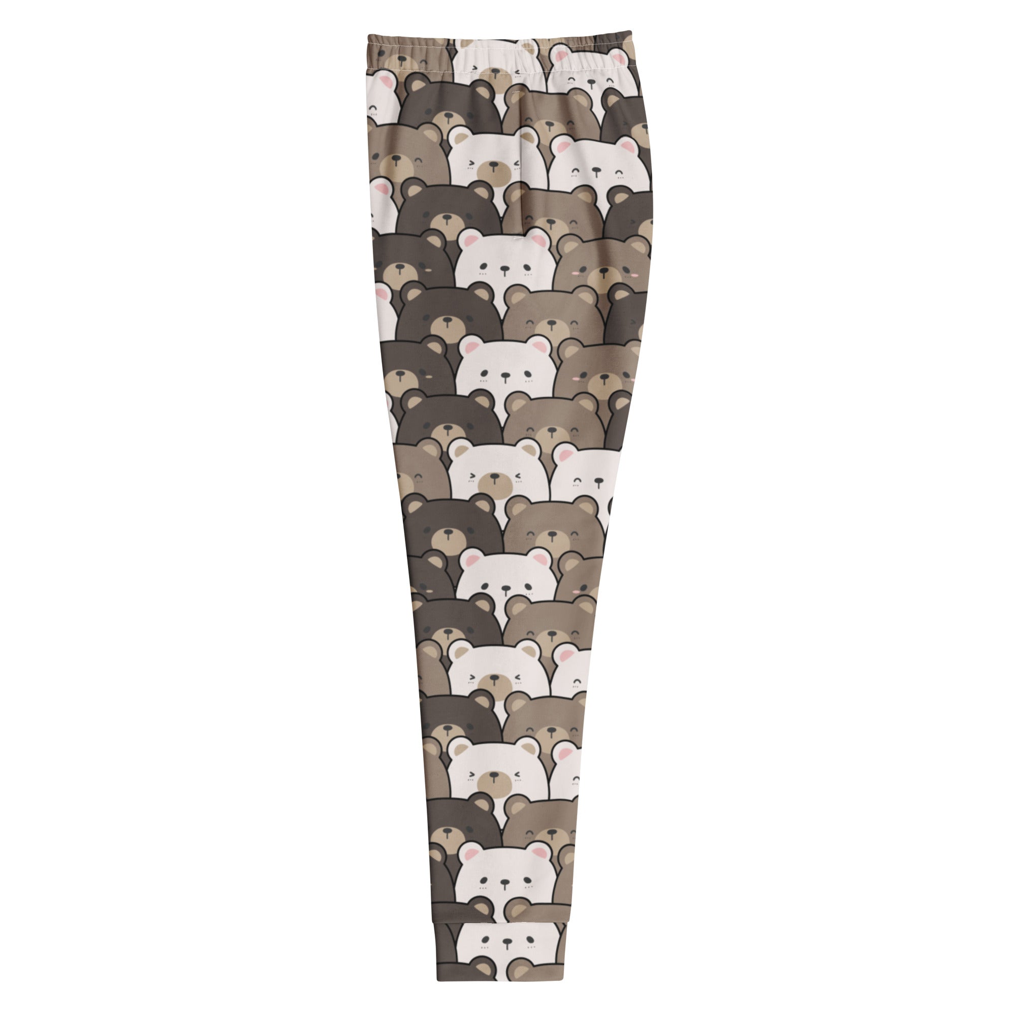 Women’s bear face recycled jogger pants in brown white with cartoon bear pattern cozy brushed fleece inside