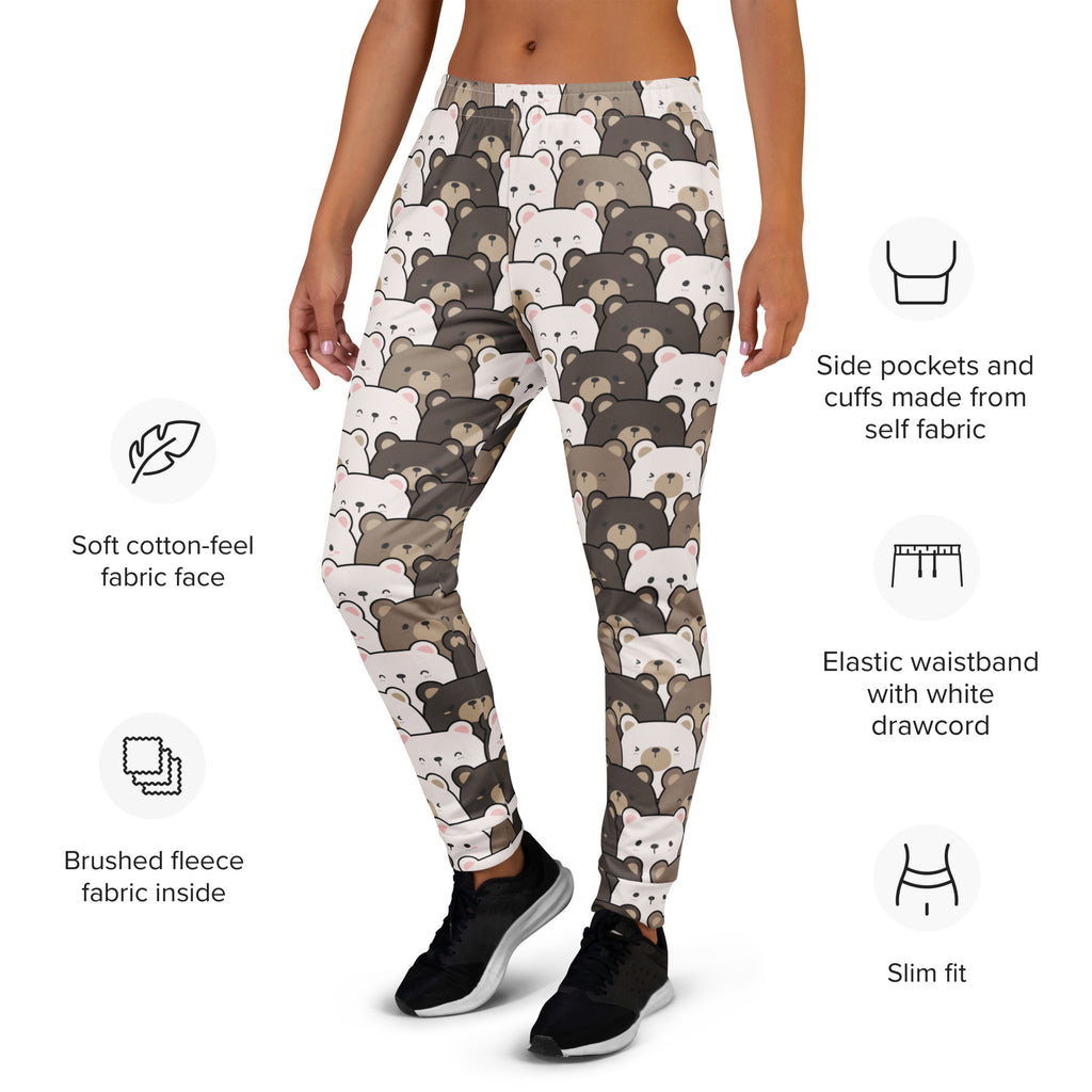 Women’s bear face recycled jogger pants with pockets featuring cute all-over-print cartoon bears on a light background