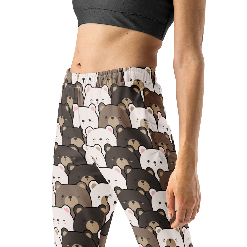 Women’s bear face recycled jogger pants with cozy brushed fleece inside and stretchy leggings featuring cartoon bears