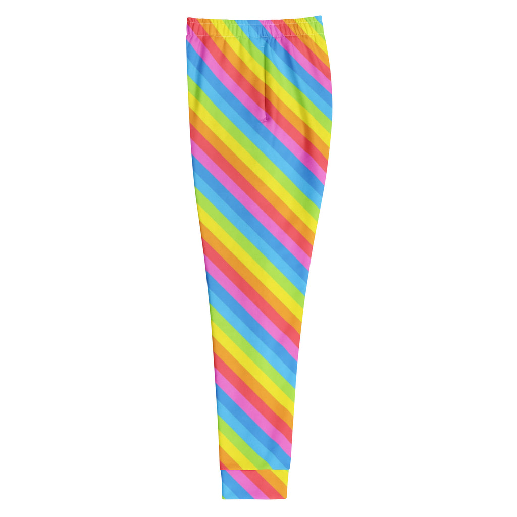 Women’s rainbow stripe recycled jogger pants with neon pink yellow blue green diagonal pattern and cozy brushed fleece lining