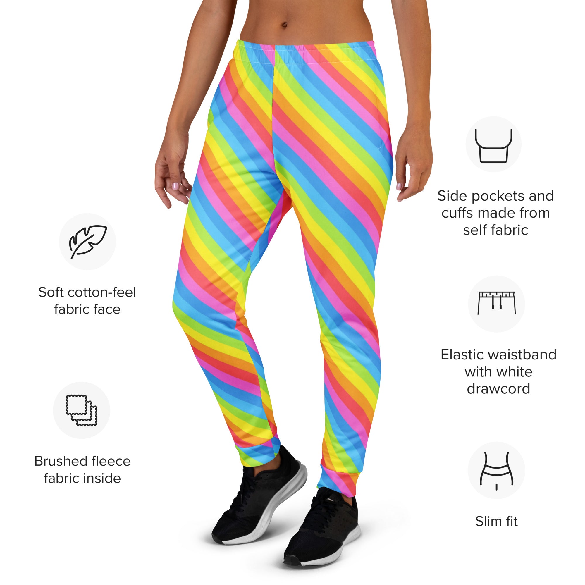 Women’s rainbow stripe recycled jogger pants with soft cotton-feel face and cozy brushed fleece lining with pockets