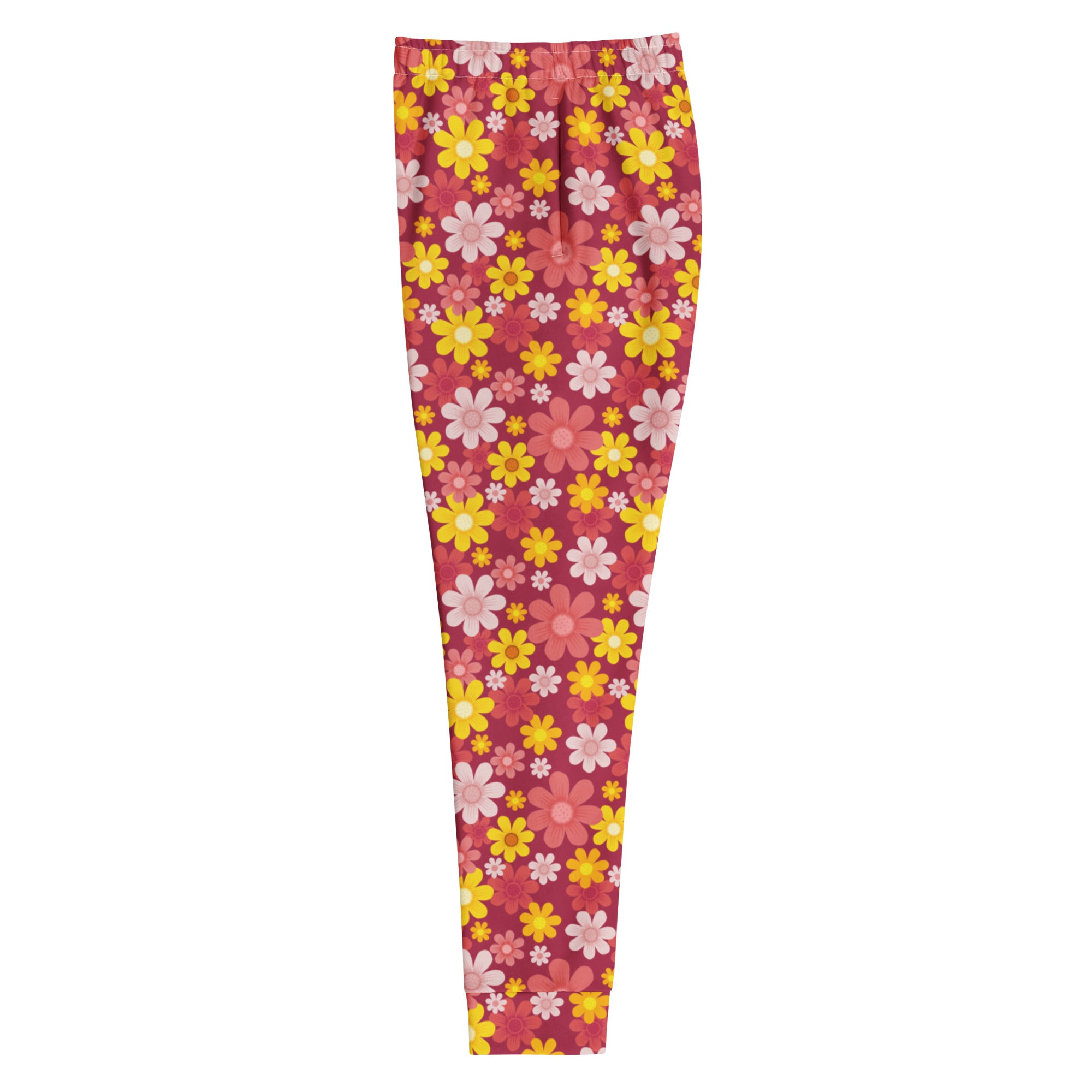 Pink and yellow floral patterned women’s jogger leggings with snug fit made from cozy recycled fleece material