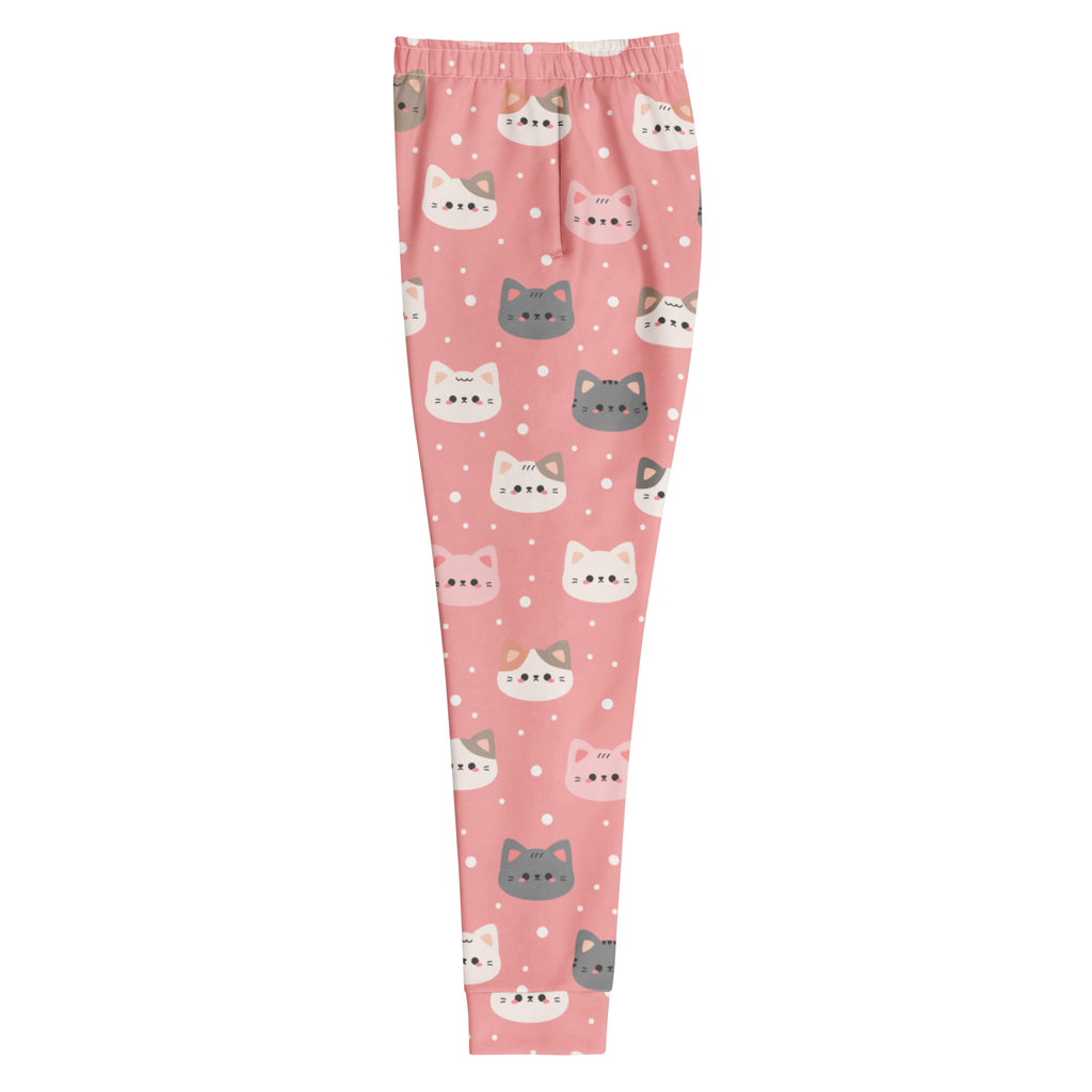 Women’s pink recycled fleece jogger pants with playful white gray pink cat faces and pockets for cozy wear