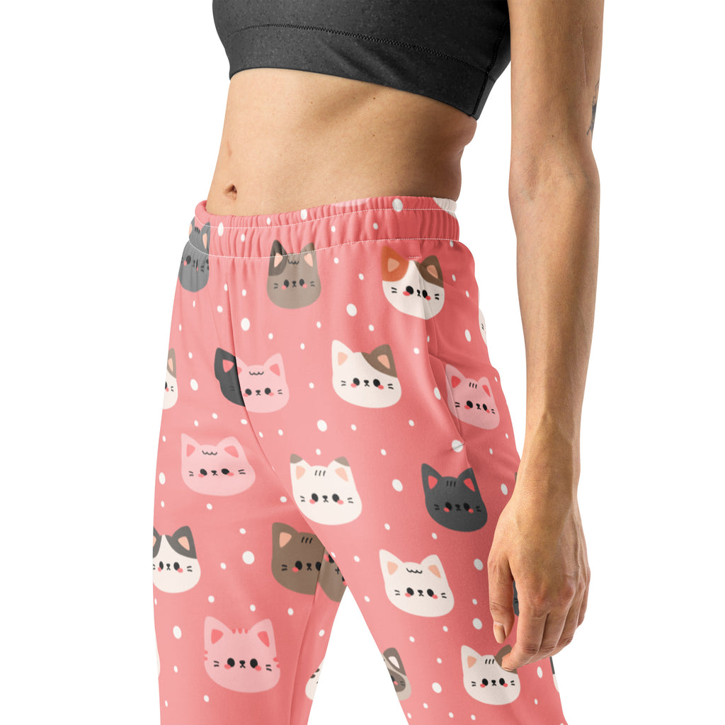 Women’s cute pink cat faces recycled jogger pants with pockets featuring colorful cartoon cats and white polka dots