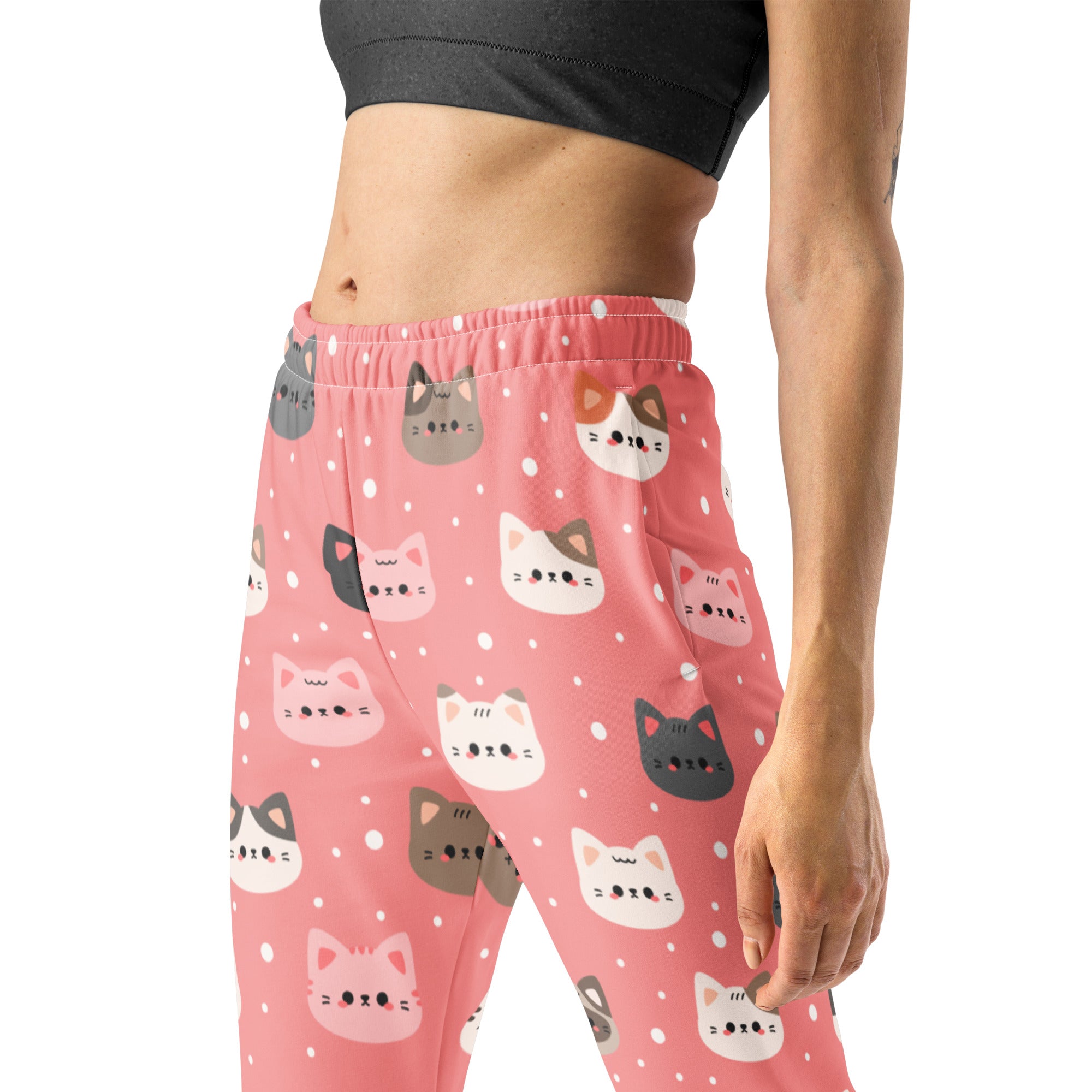 Women’s cute pink cat faces recycled jogger pants with pockets featuring colorful cartoon cats and white polka dots