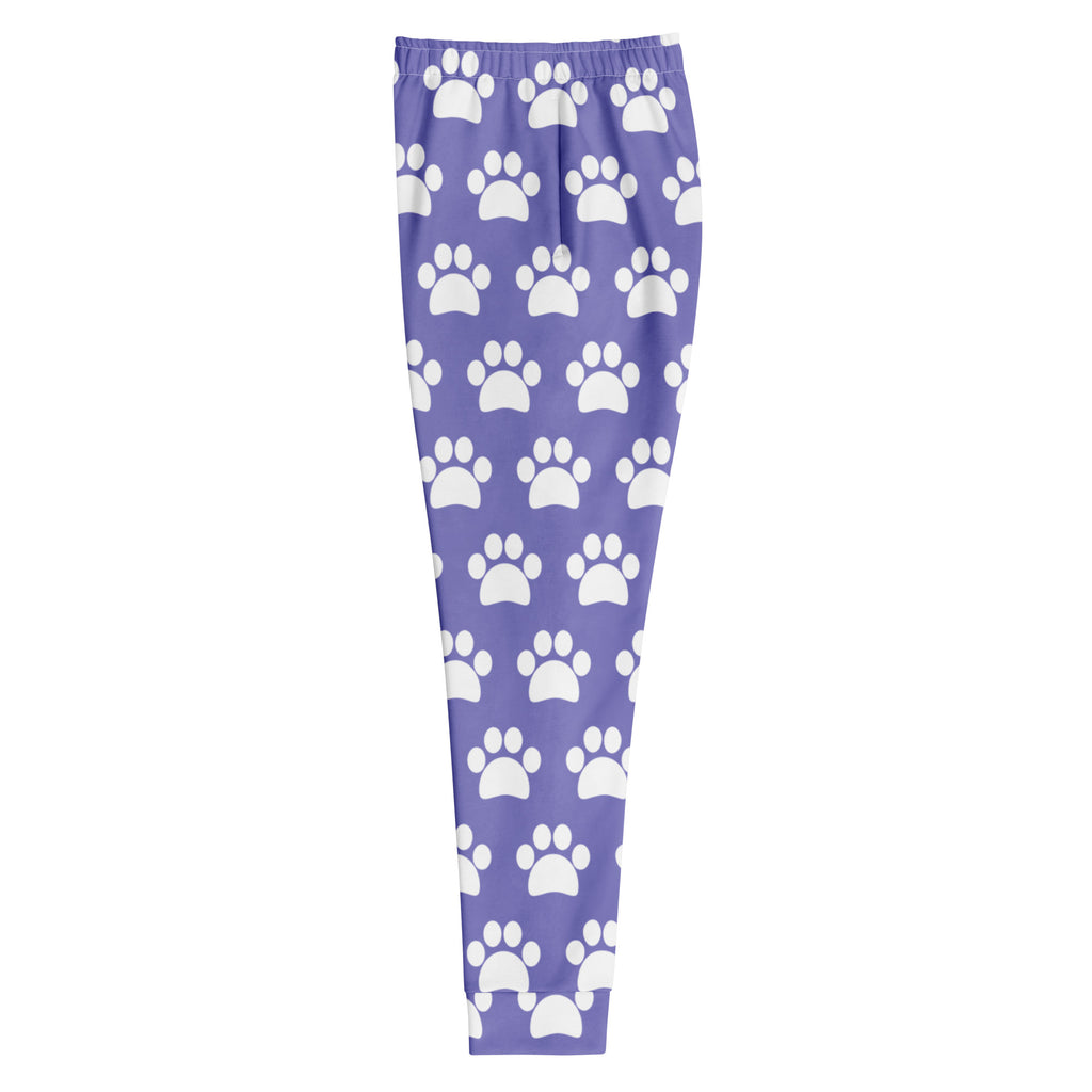 Women’s purple recycled jogger pants with white paw print pattern and cozy brushed fleece inside with pockets