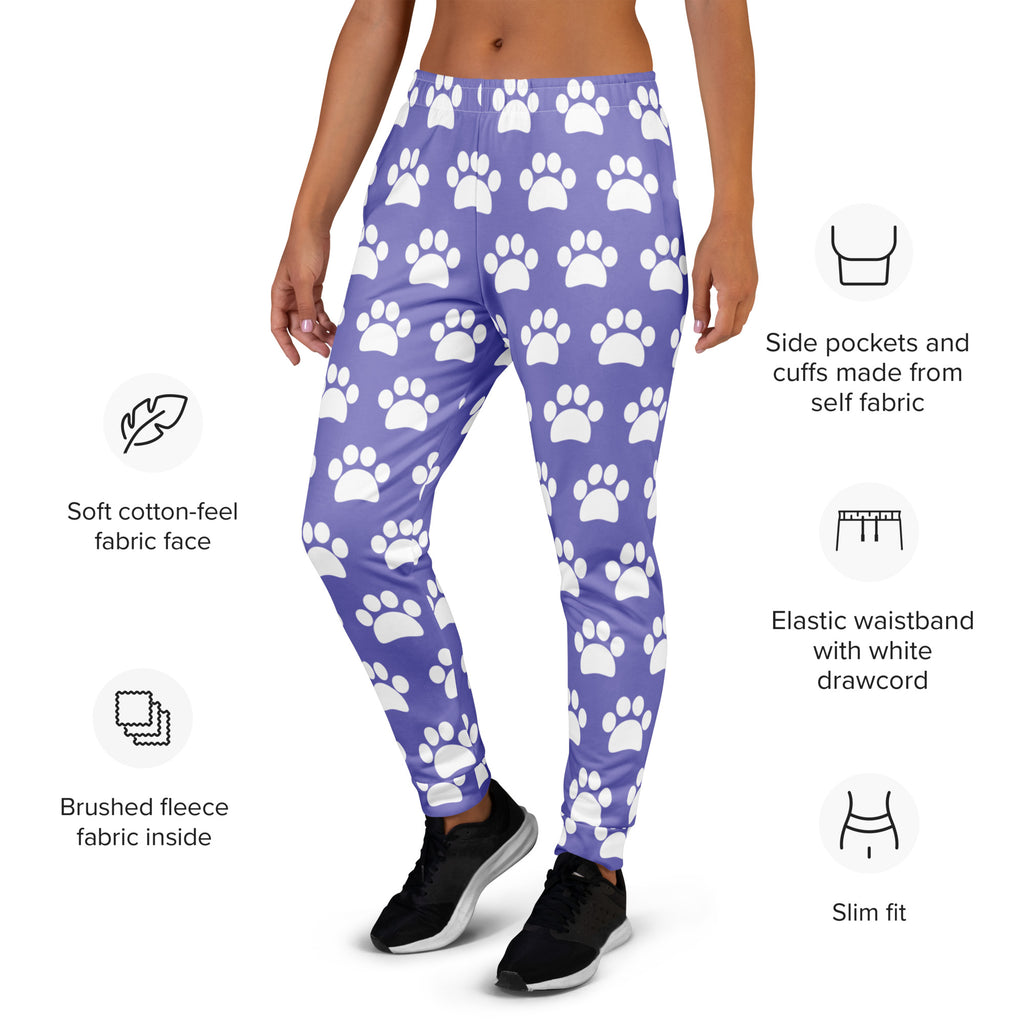 Women’s purple paw print recycled jogger pants with pockets featuring soft cotton feel and cozy brushed fleece lining