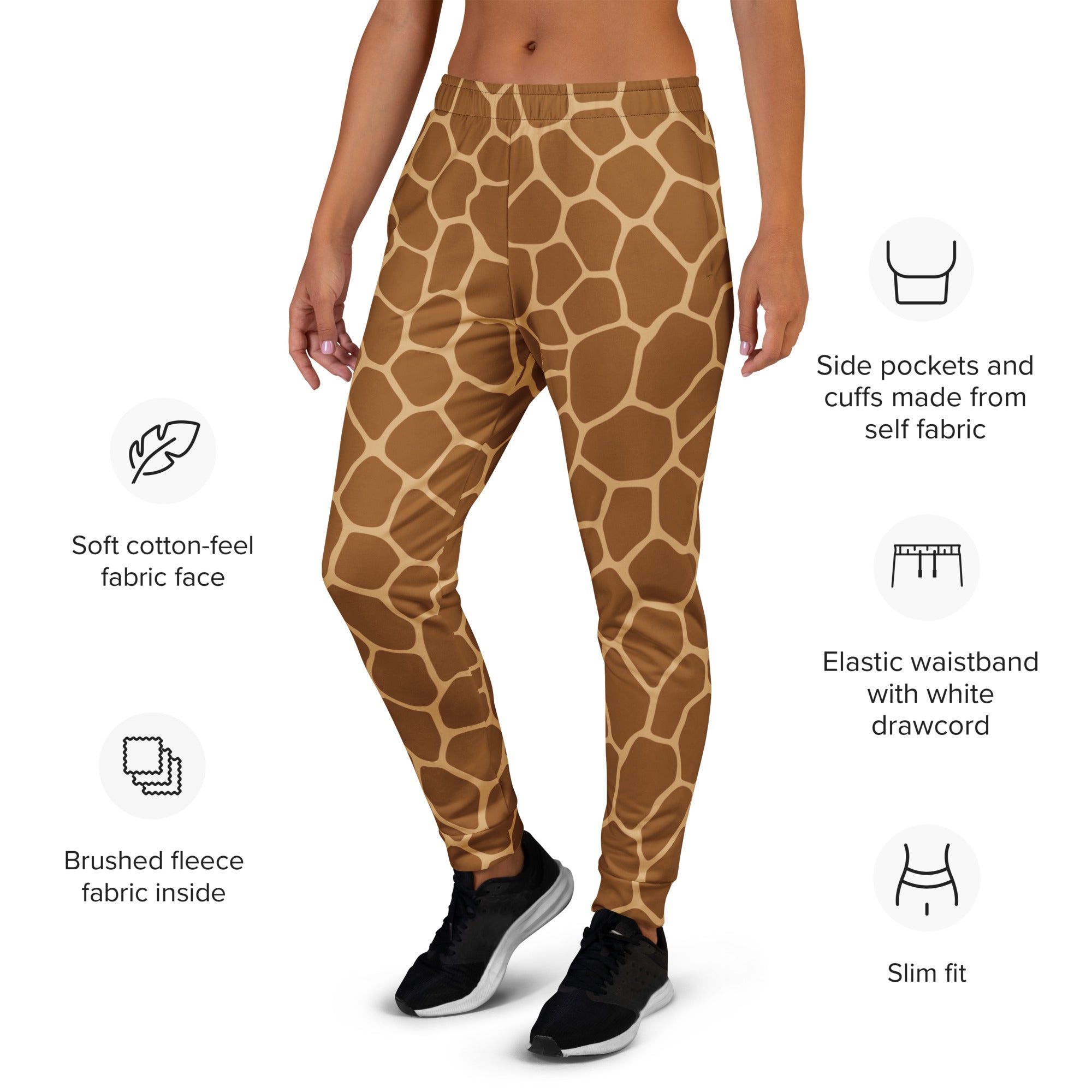 Women’s giraffe print jogger pants in brown with soft cotton feel fabric and cozy brushed inside fleece lining