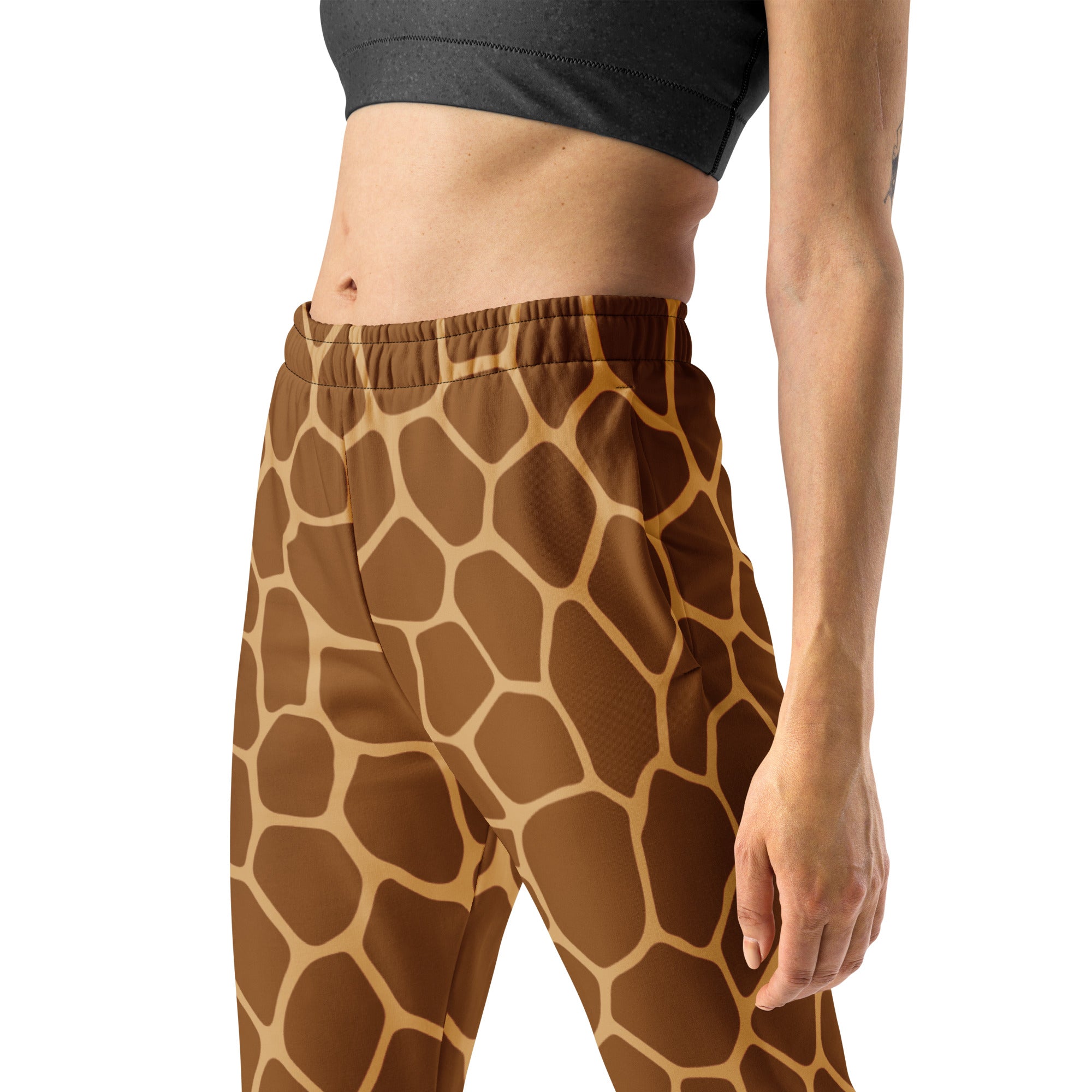Women’s giraffe print recycled jogger pants with elastic waistband brown and tan cozy brushed fleece