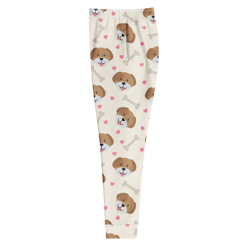 Women’s cream-colored dog and bone print recycled jogger pants with pockets and cozy brushed fleece inside