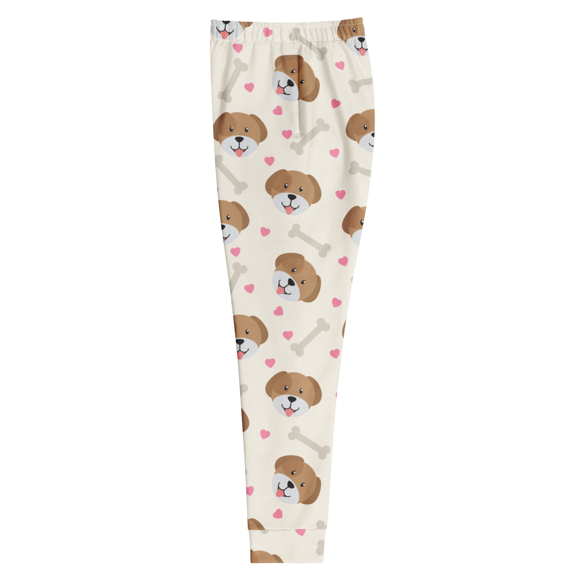 Women’s cream-colored dog and bone print recycled jogger pants with pockets and cozy brushed fleece inside