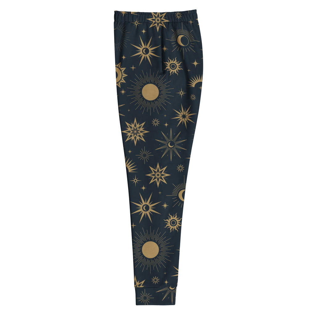 Dark blue women’s celestial sun and moon jogger pants with gold pattern, recycled fabric, cozy brushed fleece inside