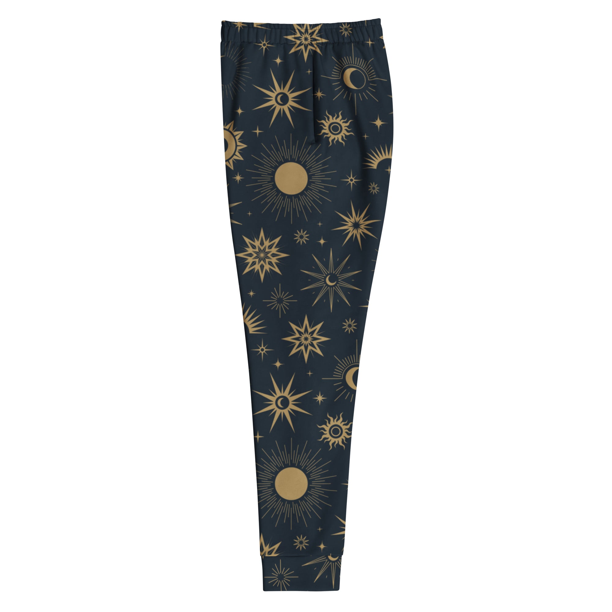 Dark blue women’s celestial sun and moon jogger pants with gold pattern, recycled fabric, cozy brushed fleece inside