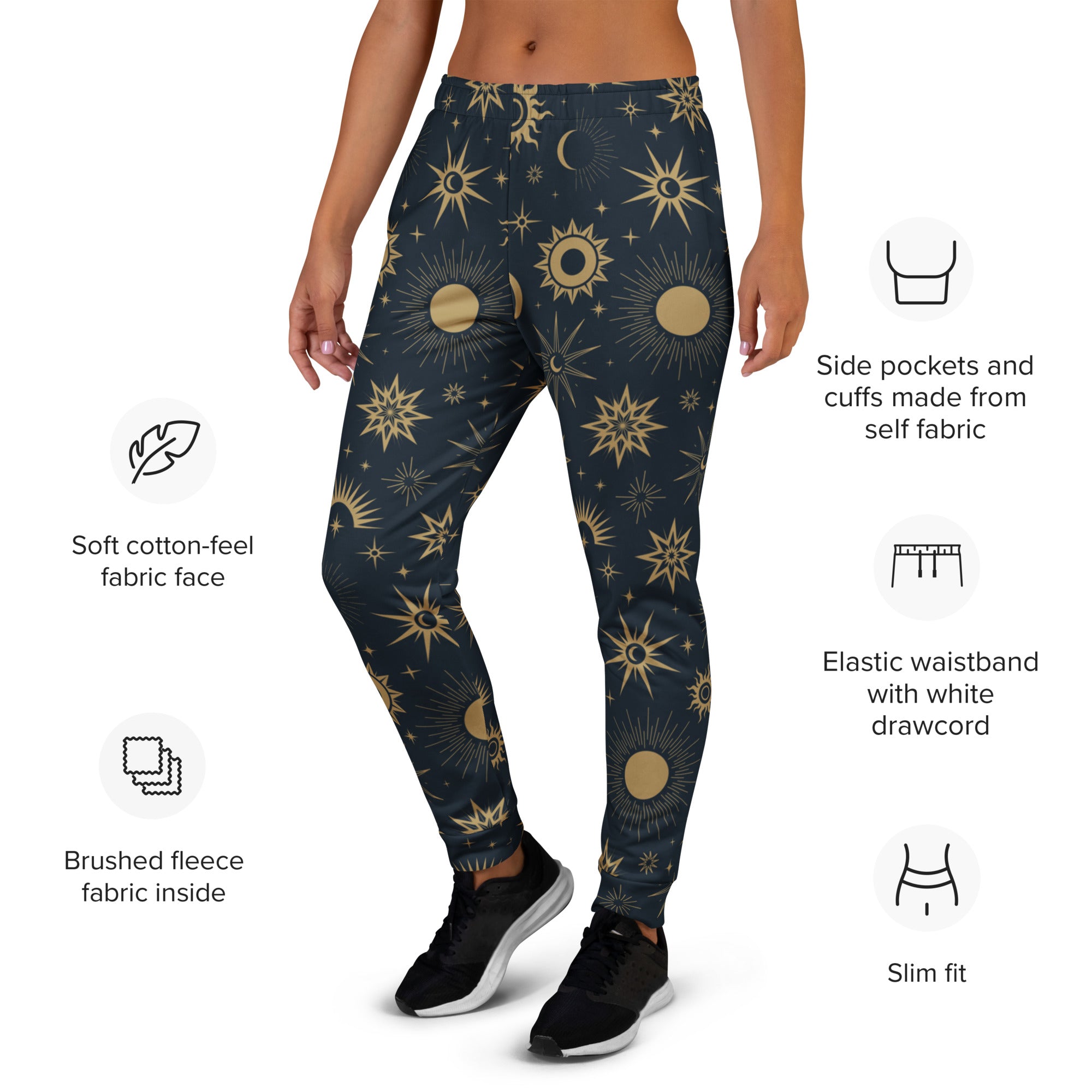 Dark blue women’s jogger pants with gold celestial sun moon star pattern cozy brushed fleece inside pockets