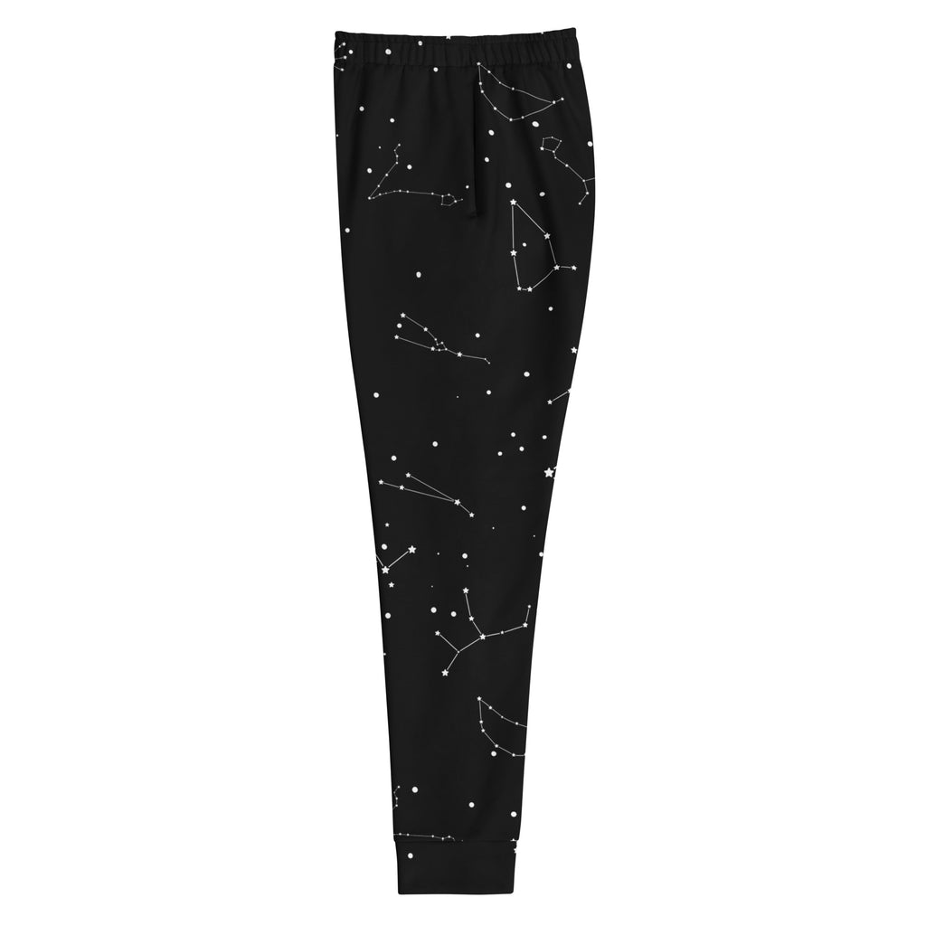 Black women’s recycled jogger pants with white constellation pattern and cozy brushed fleece inside pockets
