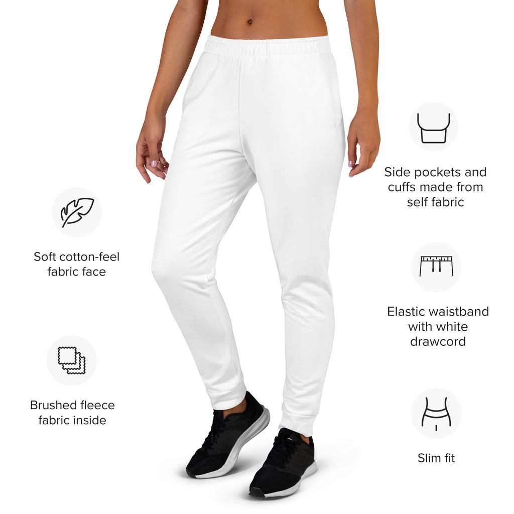 Women’s white slim-fit recycled jogger pants with soft cotton-feel fabric and cozy brushed inside fleece lining