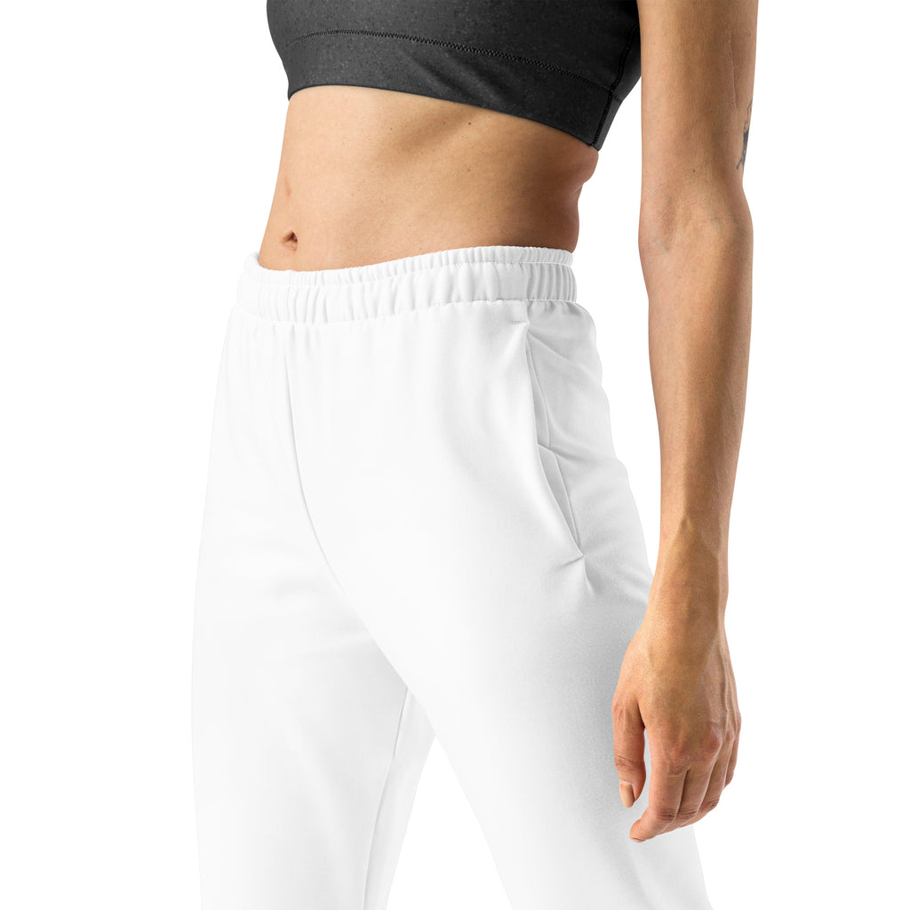 Women’s white recycled jogger pants with pockets elastic waistband and cozy brushed inside fleece lining