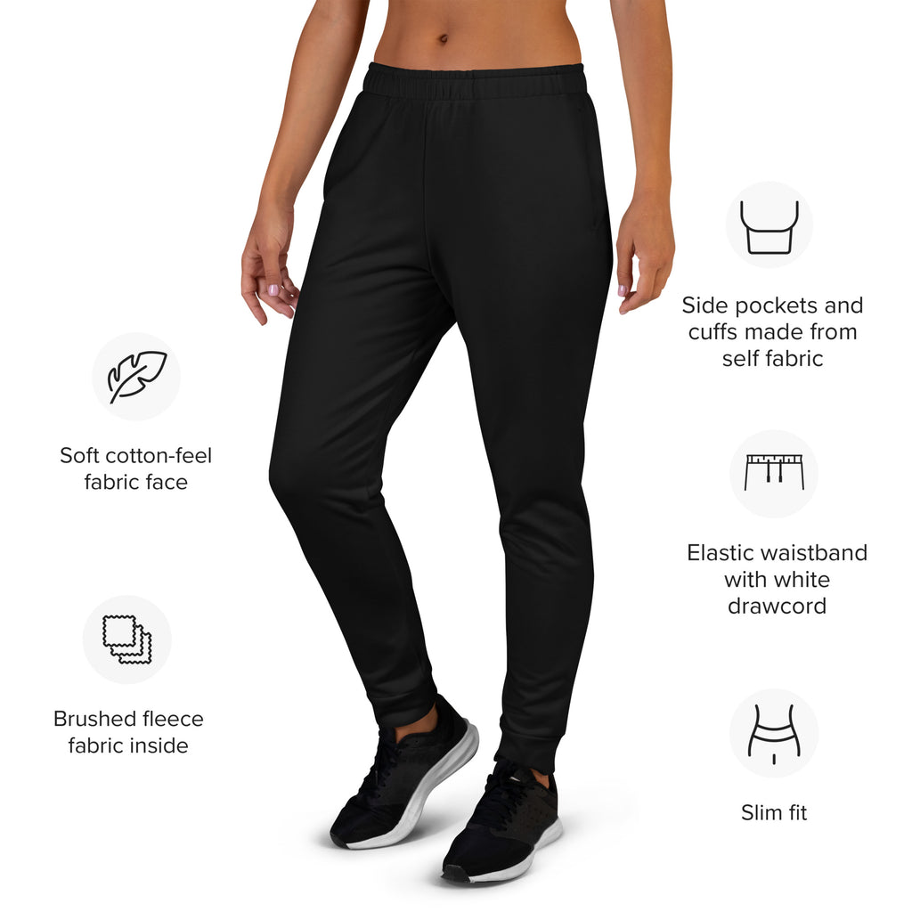 Women’s black recycled slim-fit jogger pants with pockets made of soft cotton-feel fabric and cozy brushed fleece lining