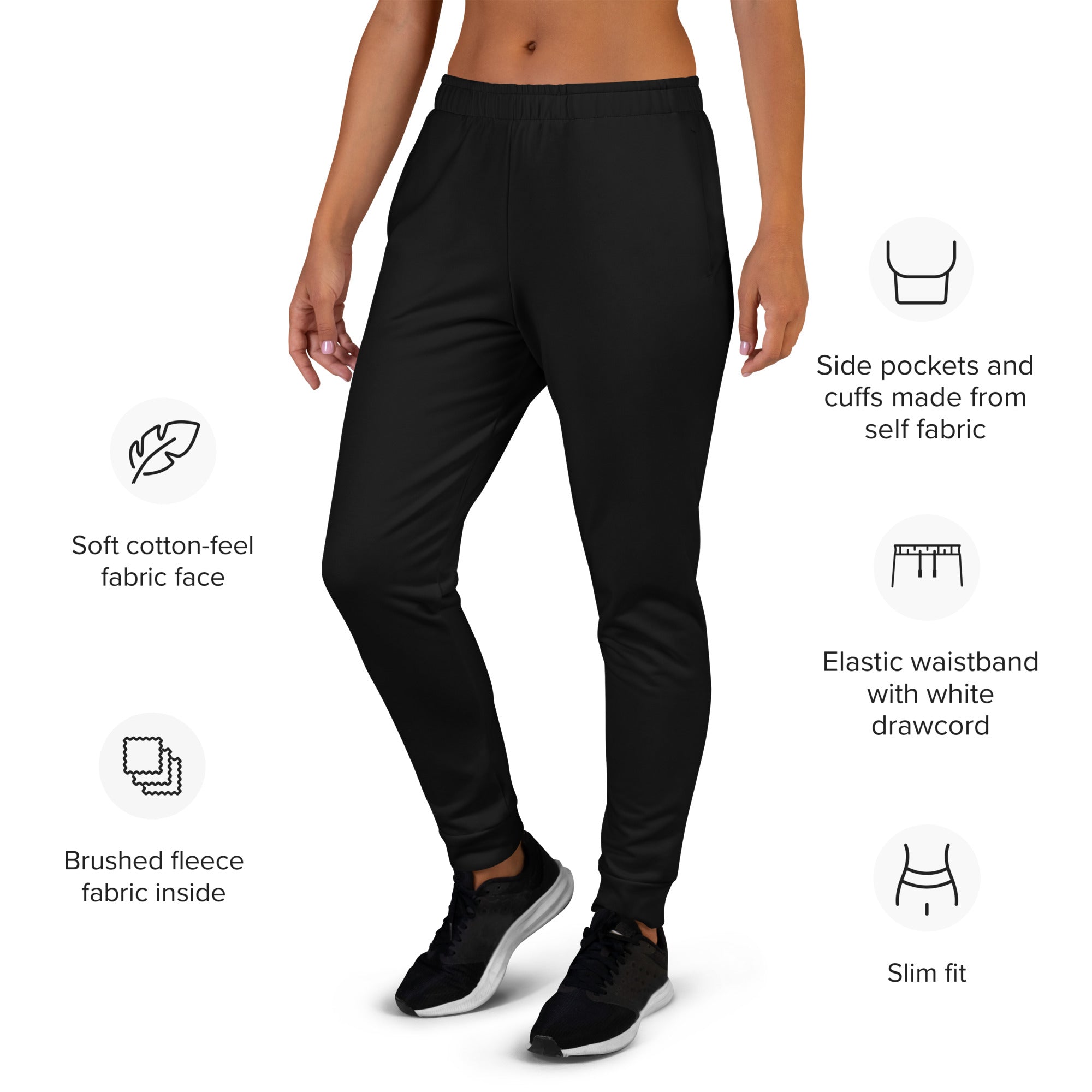 Women’s black recycled slim-fit jogger pants with pockets made of soft cotton-feel fabric and cozy brushed fleece lining