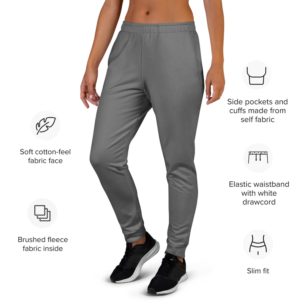 Women’s gray slim-fit recycled jogger pants with soft cotton-feel fabric and cozy brushed fleece lining with pockets