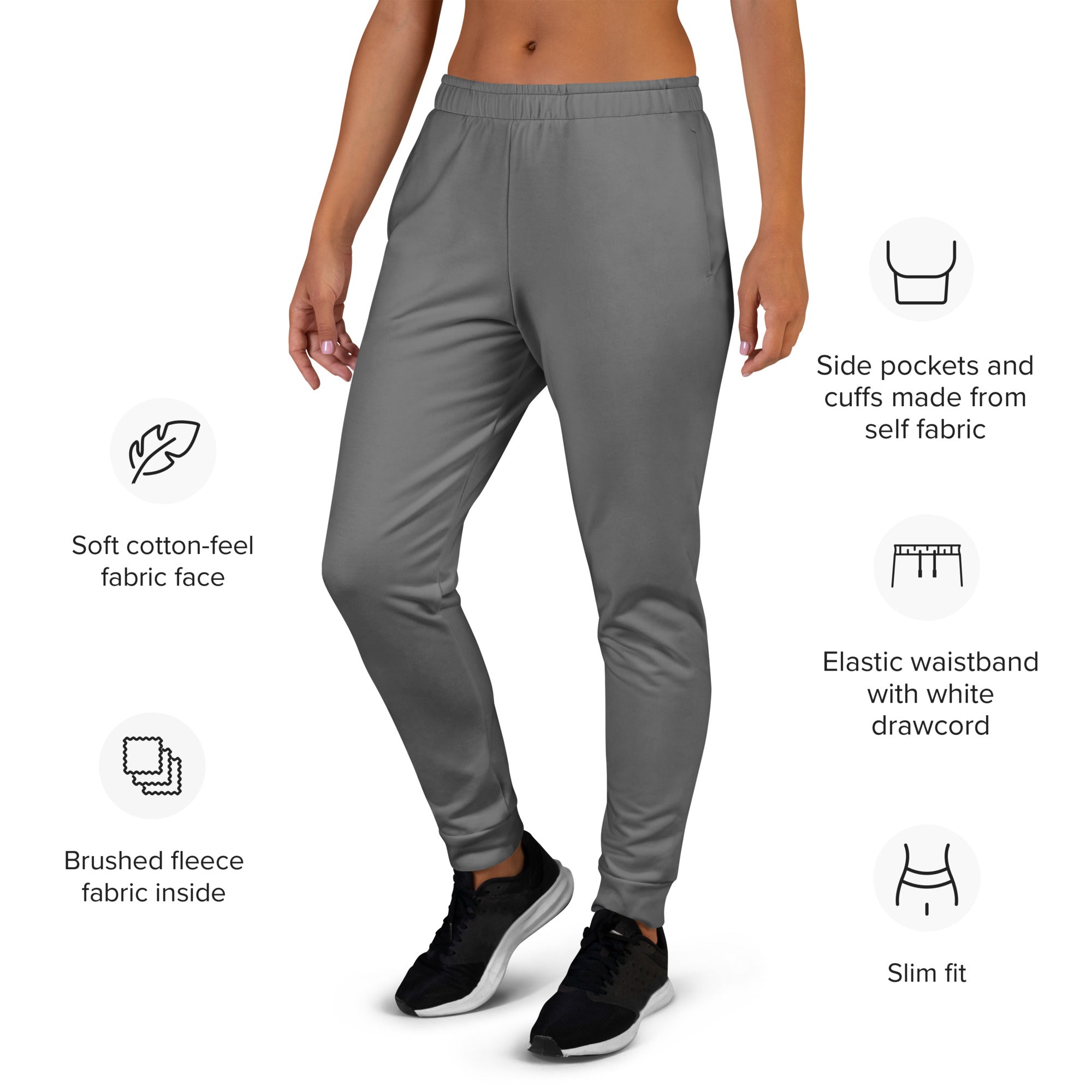 Women’s gray slim-fit recycled jogger pants with soft cotton-feel fabric and cozy brushed fleece lining with pockets