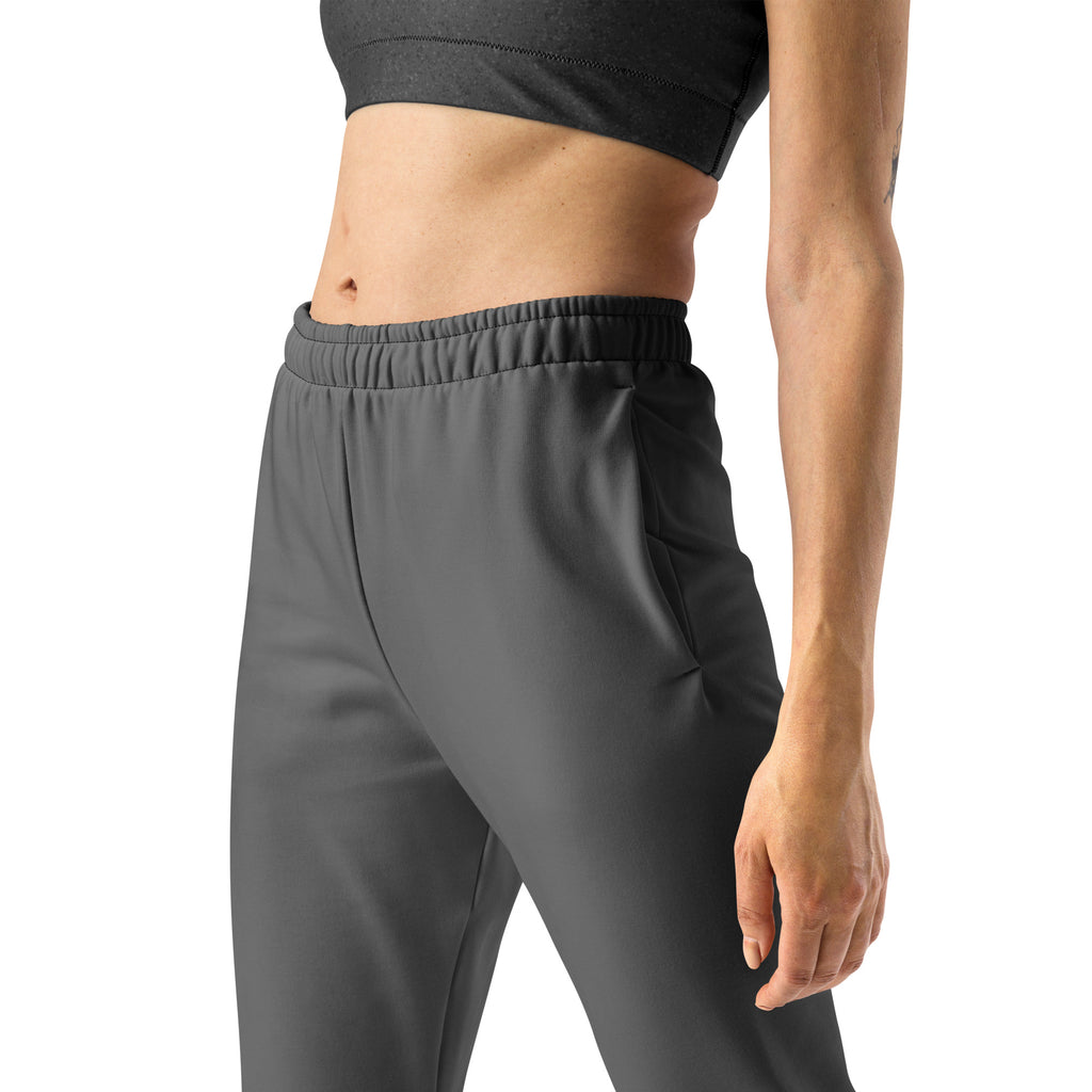Women’s dark gray recycled jogger pants with elastic waistband side pockets and cozy brushed inside fleece lining