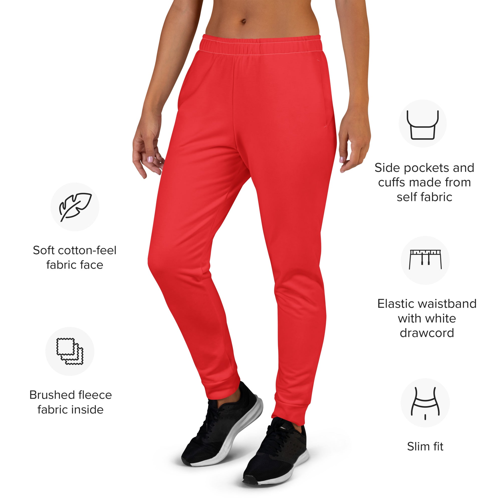 Women’s red recycled jogger pants with soft cotton-feel and cozy brushed fleece lining featuring elastic waistband and pockets