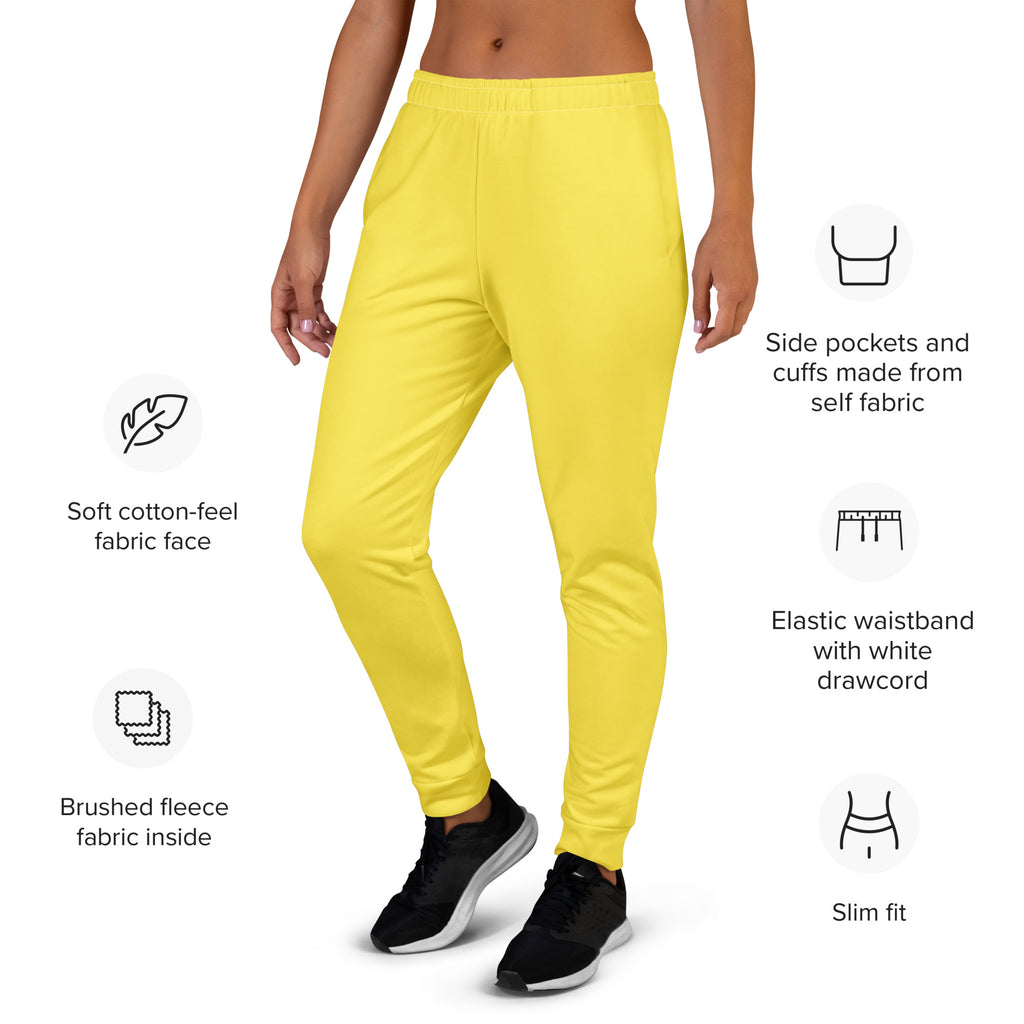Women’s yellow recycled slim-fit jogger pants with pockets made from soft cotton-feel fabric and cozy brushed fleece lining