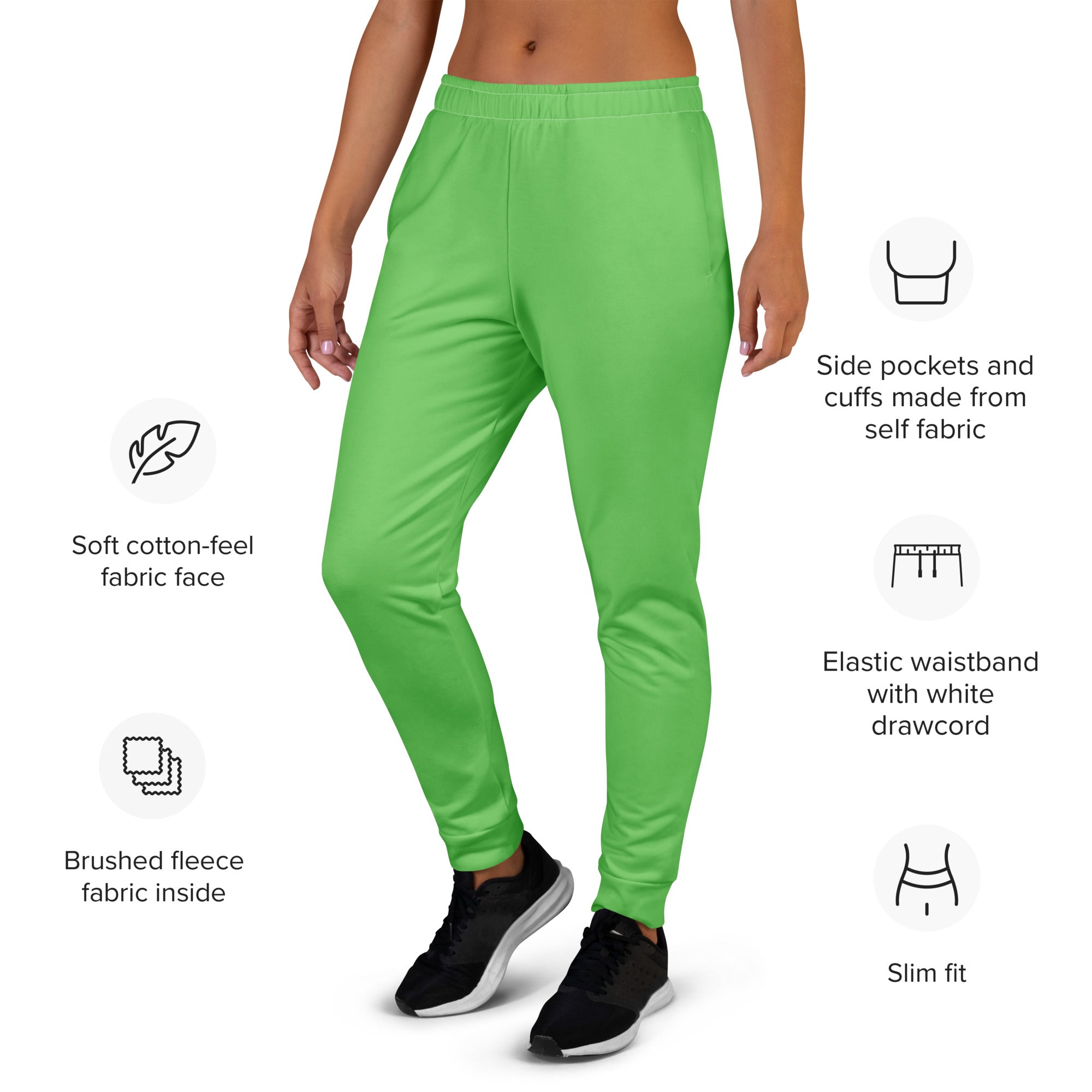 Women’s bright green recycled jogger pants with soft cotton-feel fabric and cozy brushed fleece lining with pockets