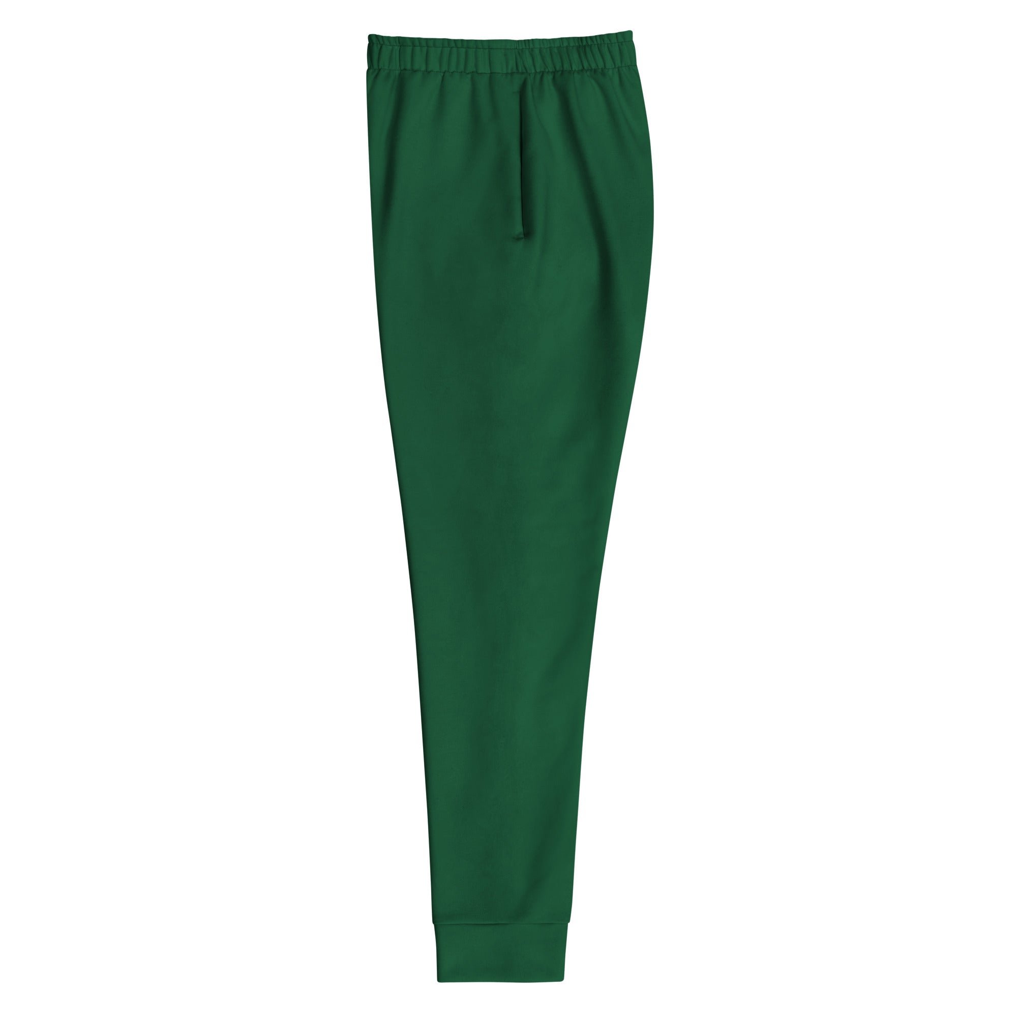 Women’s dark green recycled jogger pants with elastic waistband front pocket and cozy brushed inside fleece lining