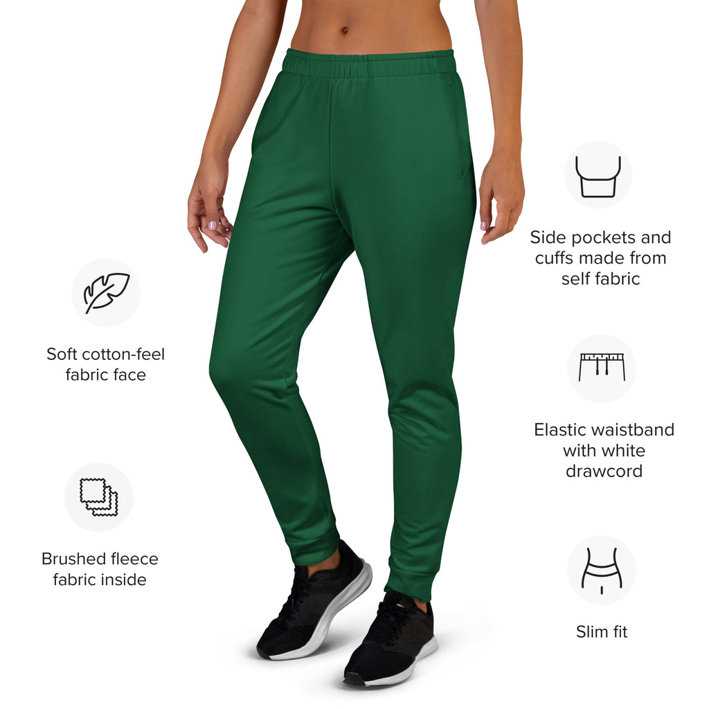Women’s dark green recycled jogger pants with soft cotton-feel fabric and cozy brushed fleece lining with pockets