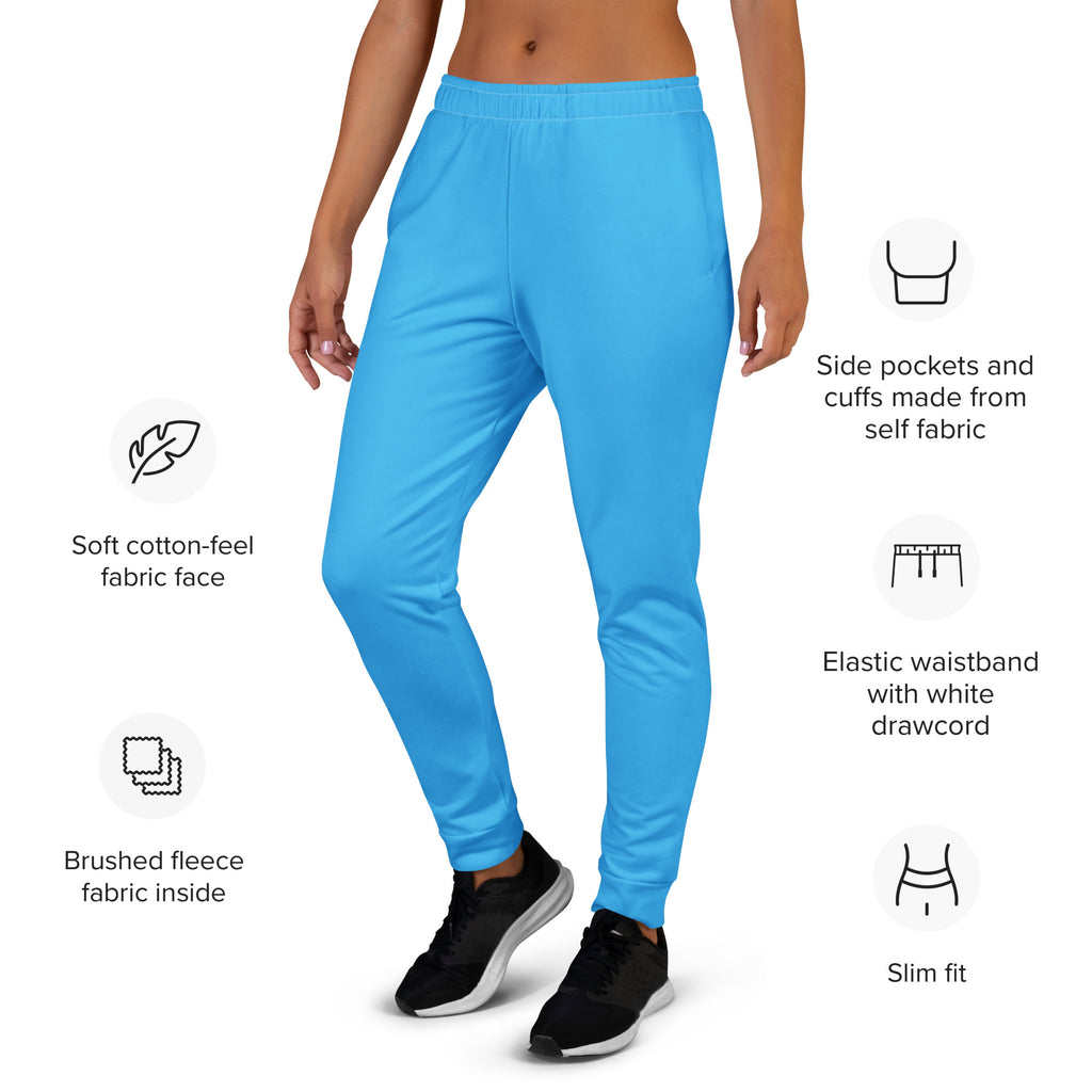 Women’s sky blue slim-fit jogger pants with soft cotton-feel fabric and cozy brushed fleece lining with pockets