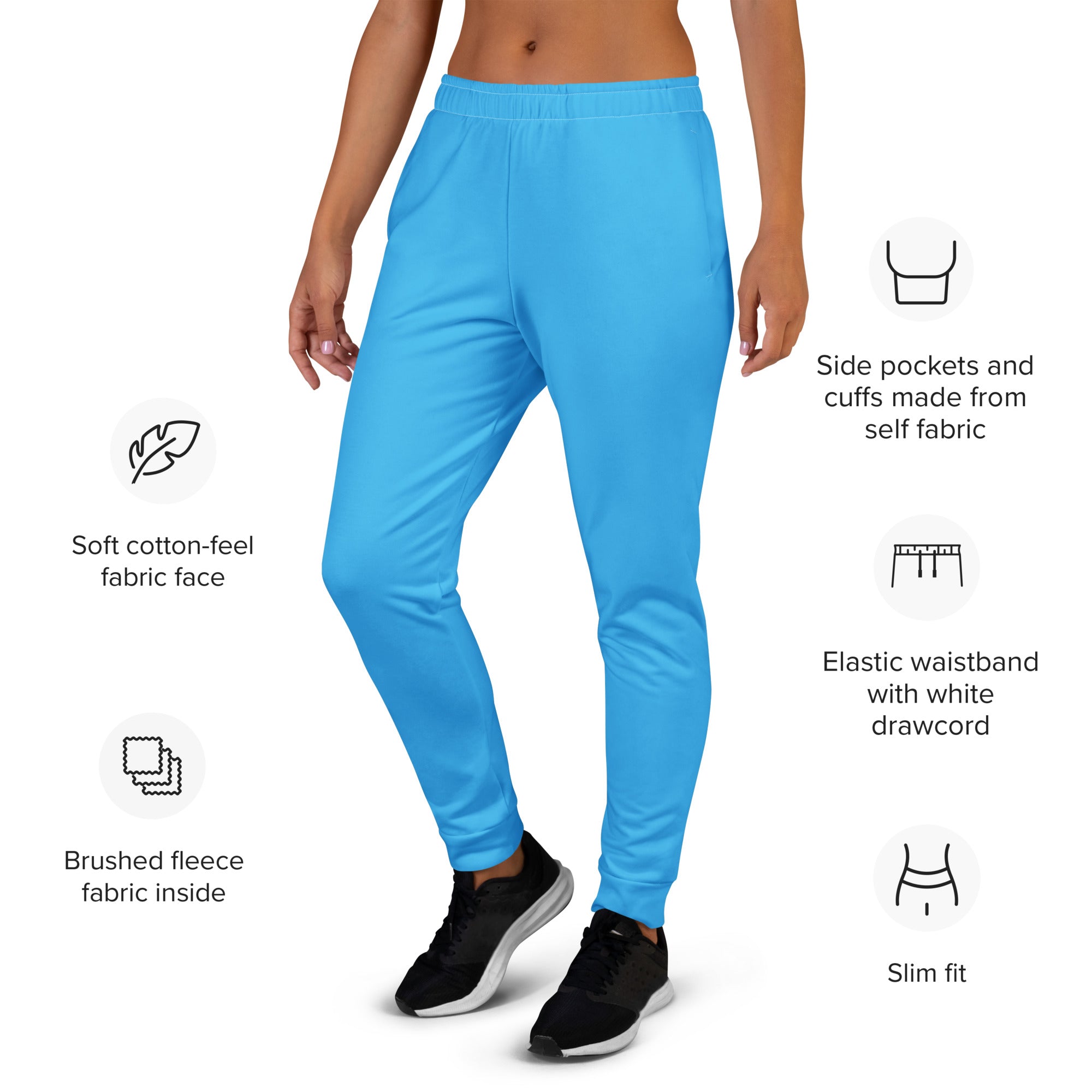Women’s sky blue slim-fit jogger pants with soft cotton-feel fabric and cozy brushed fleece lining with pockets