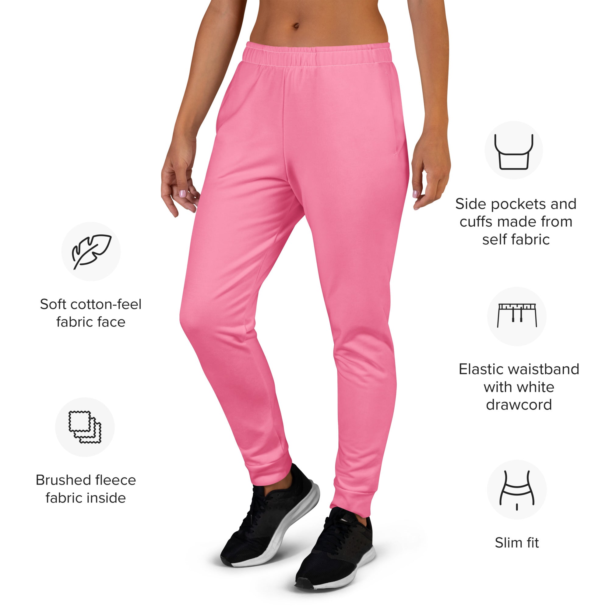 Women’s pink recycled jogger pants with soft cotton-feel face and cozy brushed fleece lining with elastic waistband