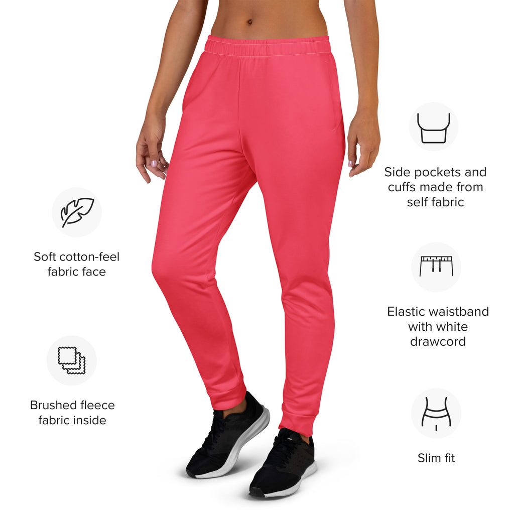 Women’s bright pink recycled jogger pants with soft cotton-feel fabric and cozy brushed fleece lining with pockets