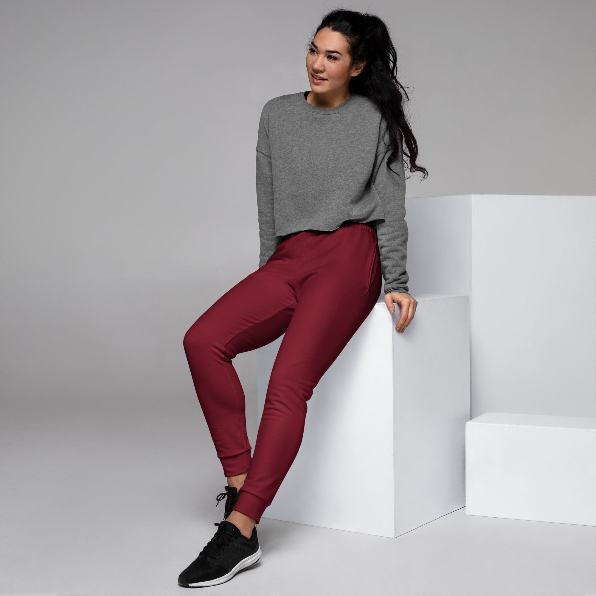 Women’s burgundy recycled jogger pants with pockets cozy brushed inside fleece and ribbed cuffs in a relaxed fit