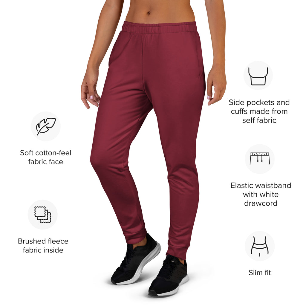 Women’s burgundy recycled jogger pants with soft cotton-feel fabric and cozy brushed fleece lining with elastic waistband