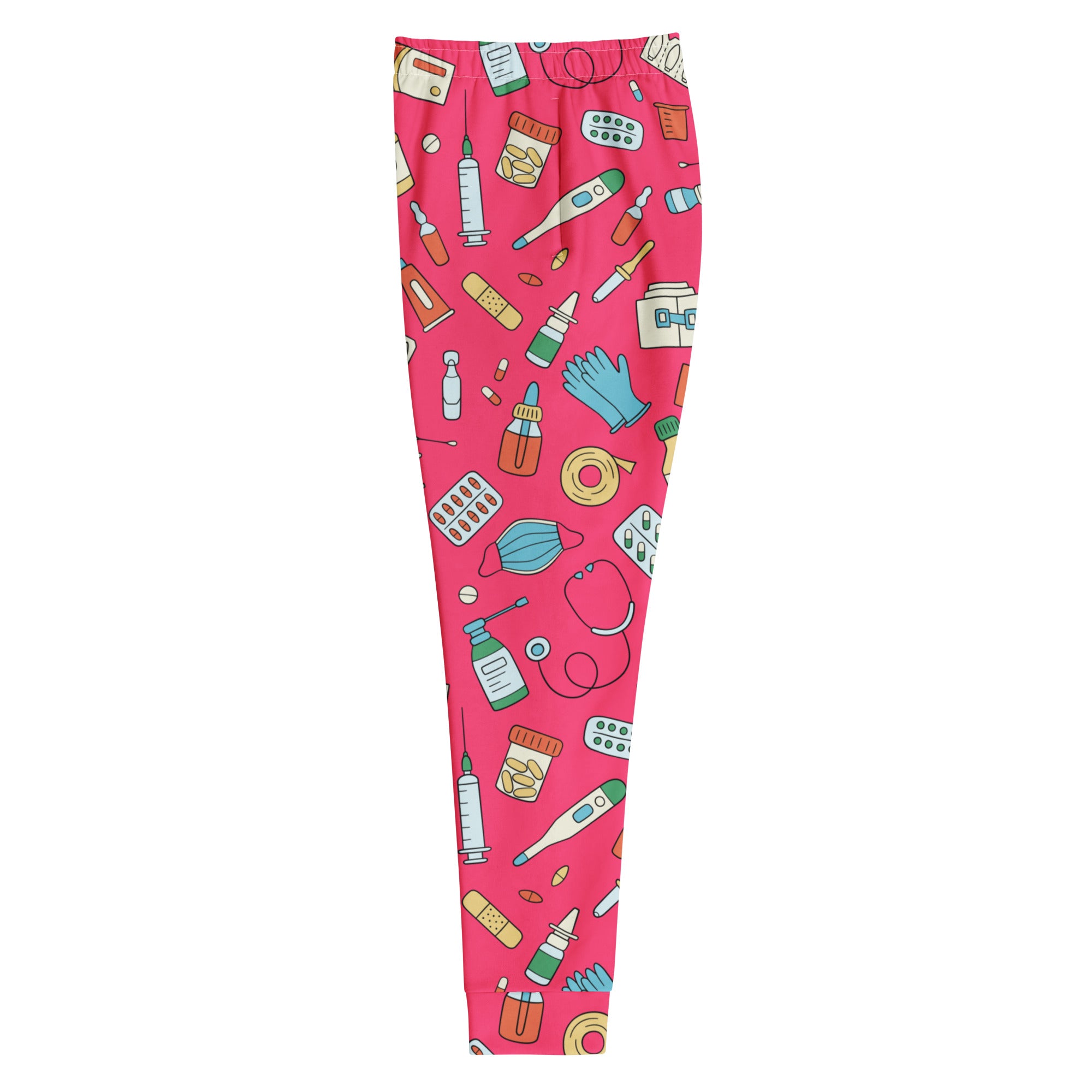 Women’s pink medical print recycled jogger pants with playful cartoon medical supplies and cozy brushed fleece lining