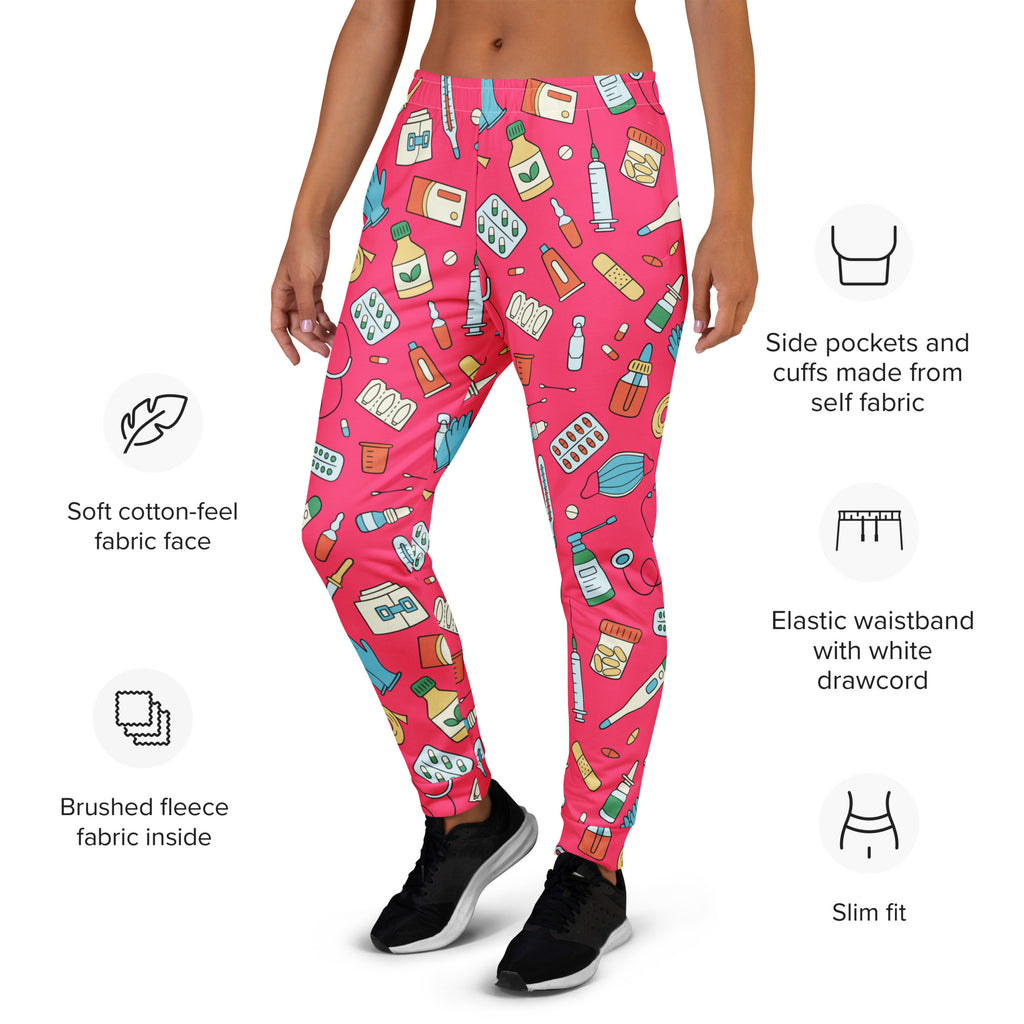 Women’s pink medical print recycled jogger pants with cozy brushed fleece inside and colorful bottles syringes and pills pattern