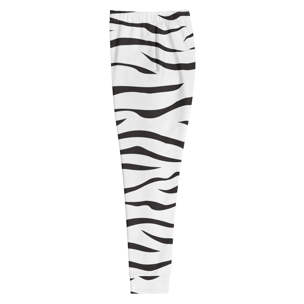 Women’s white and black zebra print jogger pants with stretchy elastic waistband and cozy brushed fleece lining