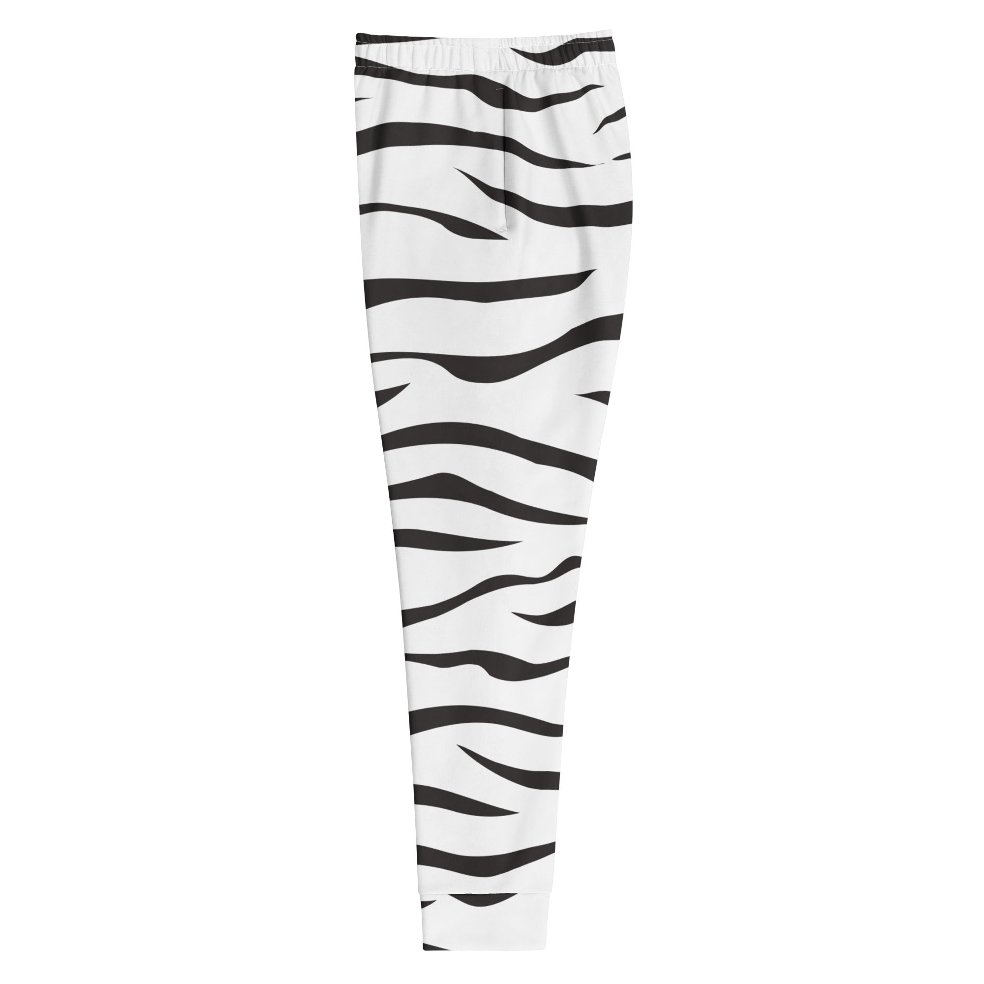 Women’s white and black zebra print jogger pants with stretchy elastic waistband and cozy brushed fleece lining