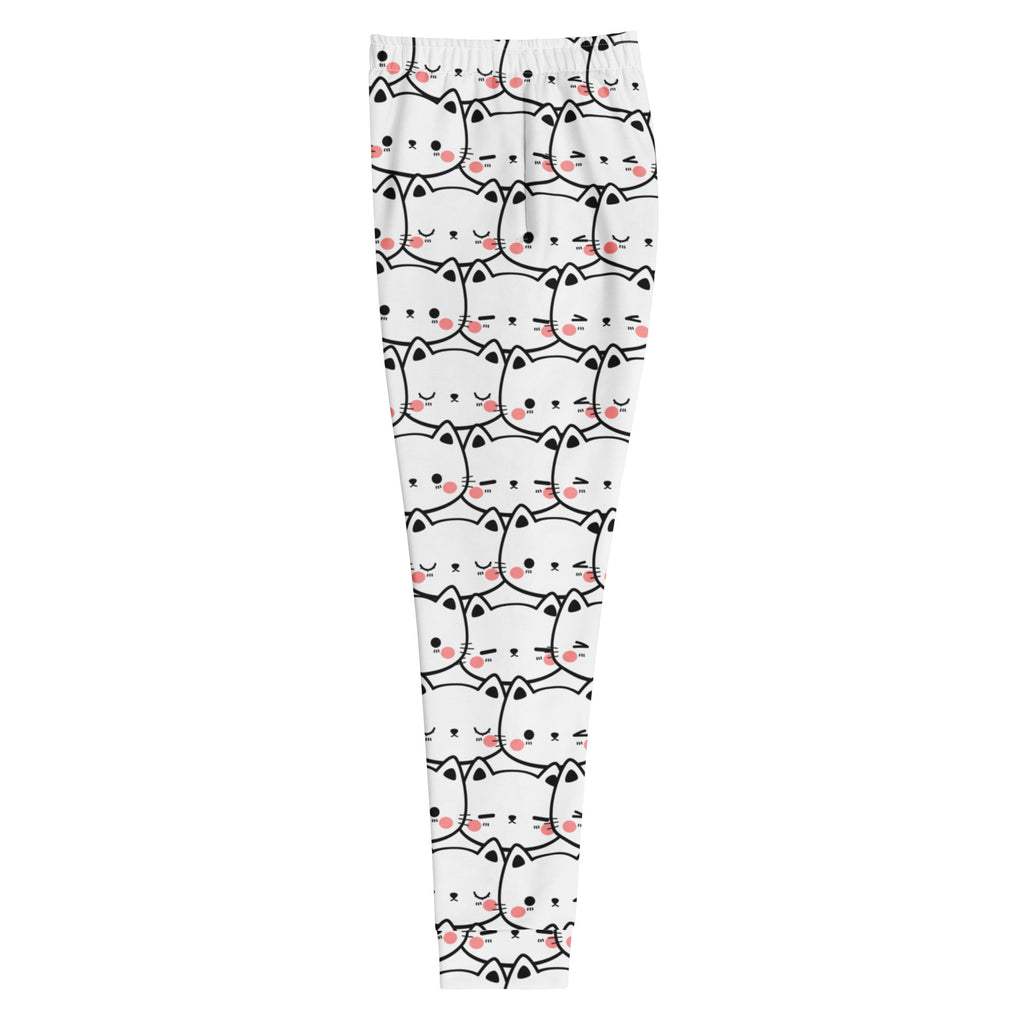 White leggings with a repeating pattern of cartoon white cats with black outlines and pink blush marks in cozy fleece