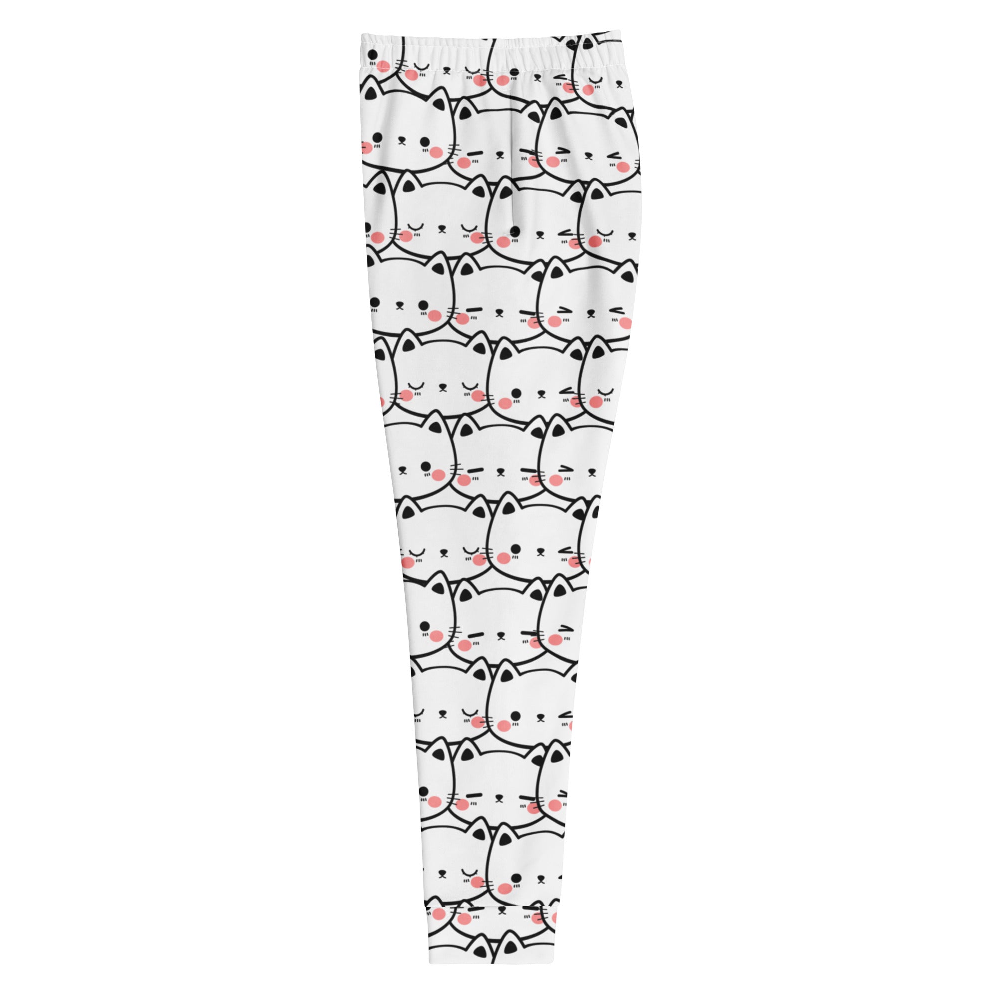 White leggings with a repeating pattern of cartoon white cats with black outlines and pink blush marks in cozy fleece