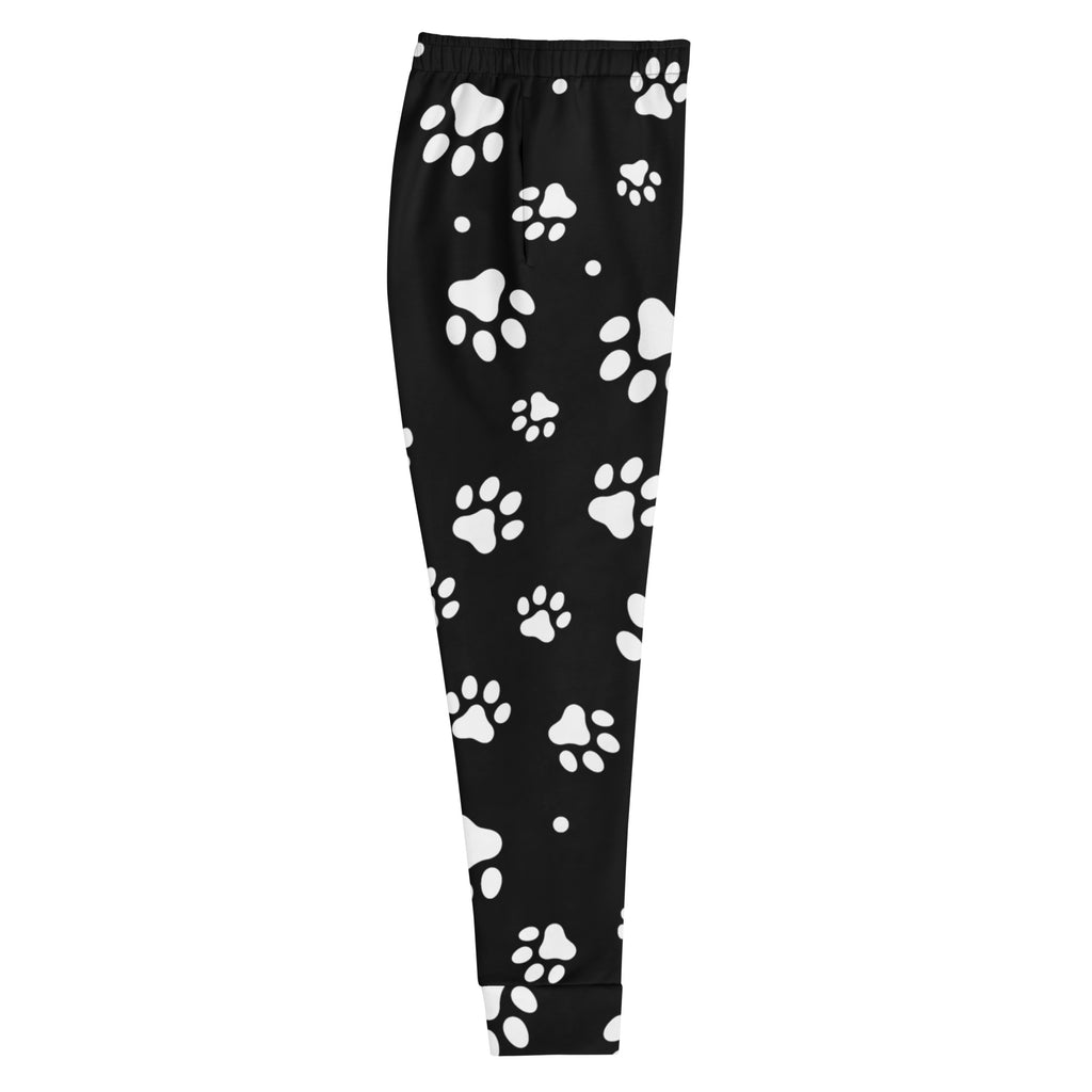 Women’s black recycled jogger pants with white paw print pattern cozy brushed fleece inside and pockets