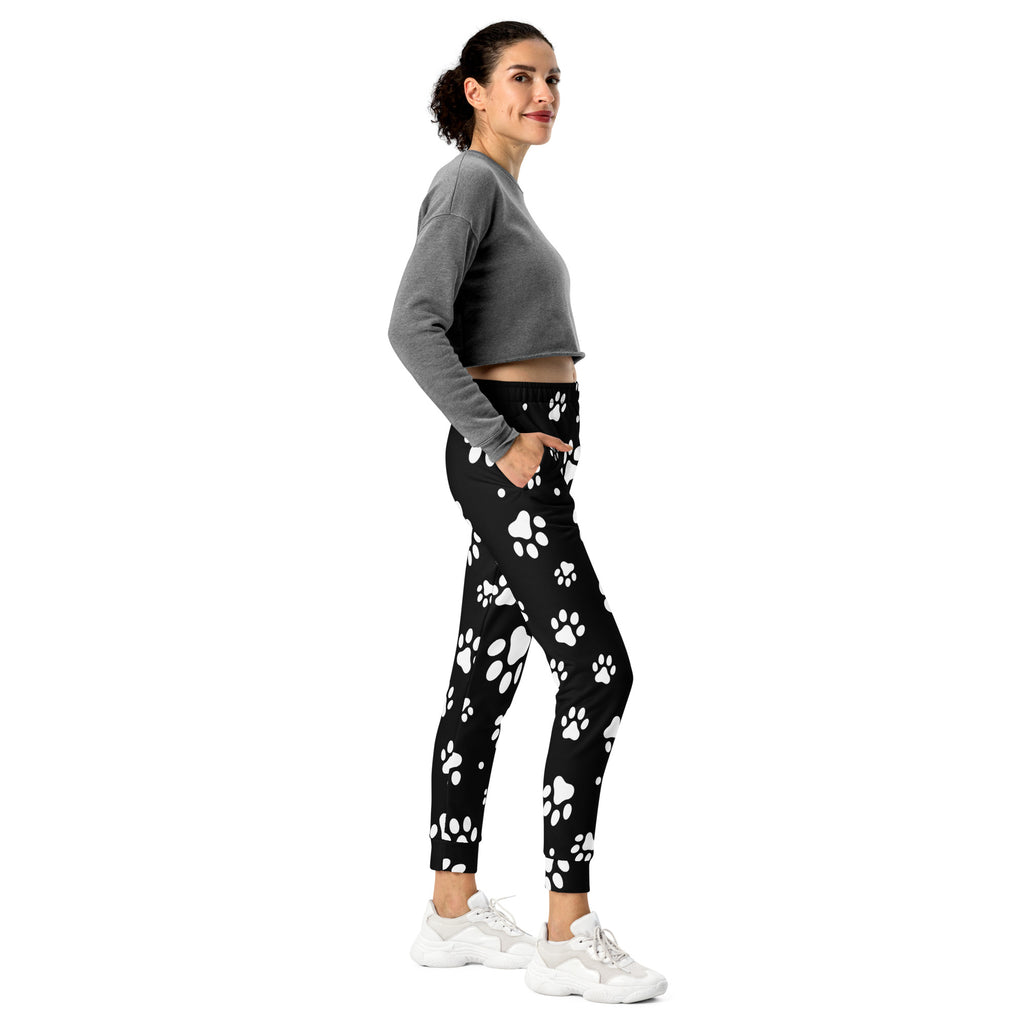 Women’s black recycled jogger pants with white paw print pattern cozy brushed inside fleece and pockets