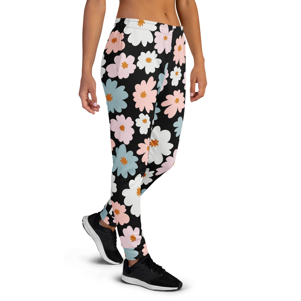 Women’s retro floral recycled black jogger pants with pink white and blue daisies cozy brushed fleece lining