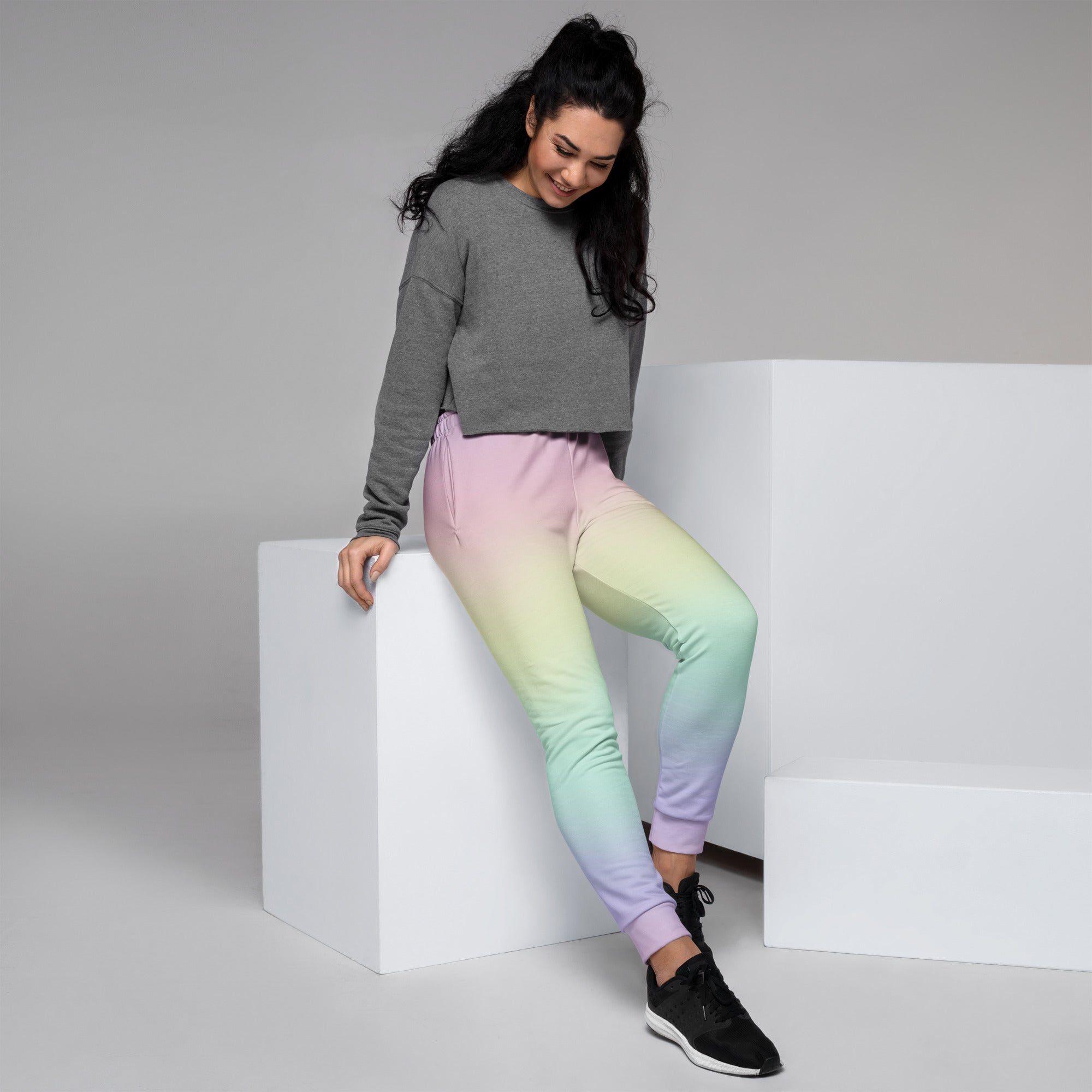 Women’s Pastel Rainbow Recycled Jogger Pants With Pockets – Cozy Brushed Inside Fleece