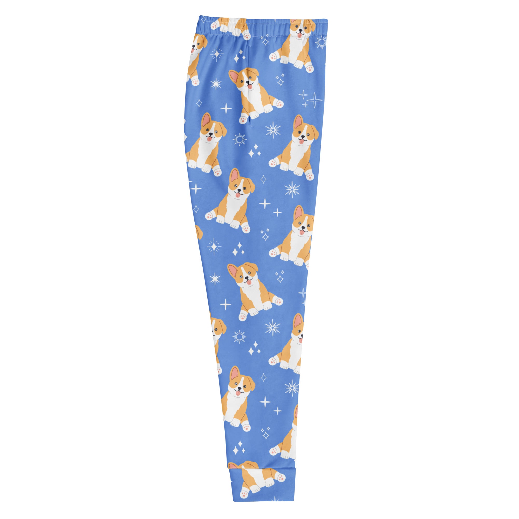 Women’s blue corgi dog recycled jogger pants with pockets featuring playful cartoon puppies and star designs with cozy fleece lining