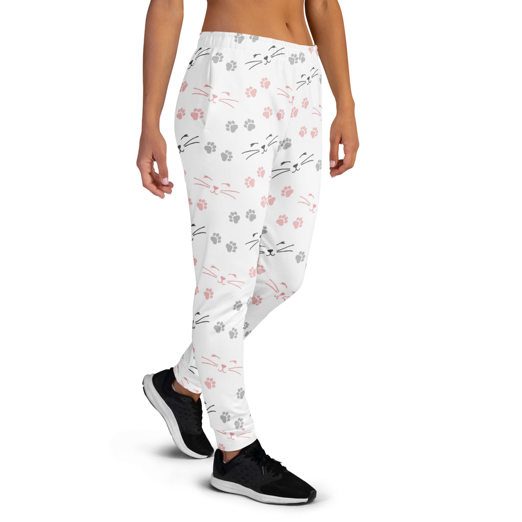 White recycled jogger pants with pink and gray cat whiskers and paw prints cozy brushed fleece with pockets